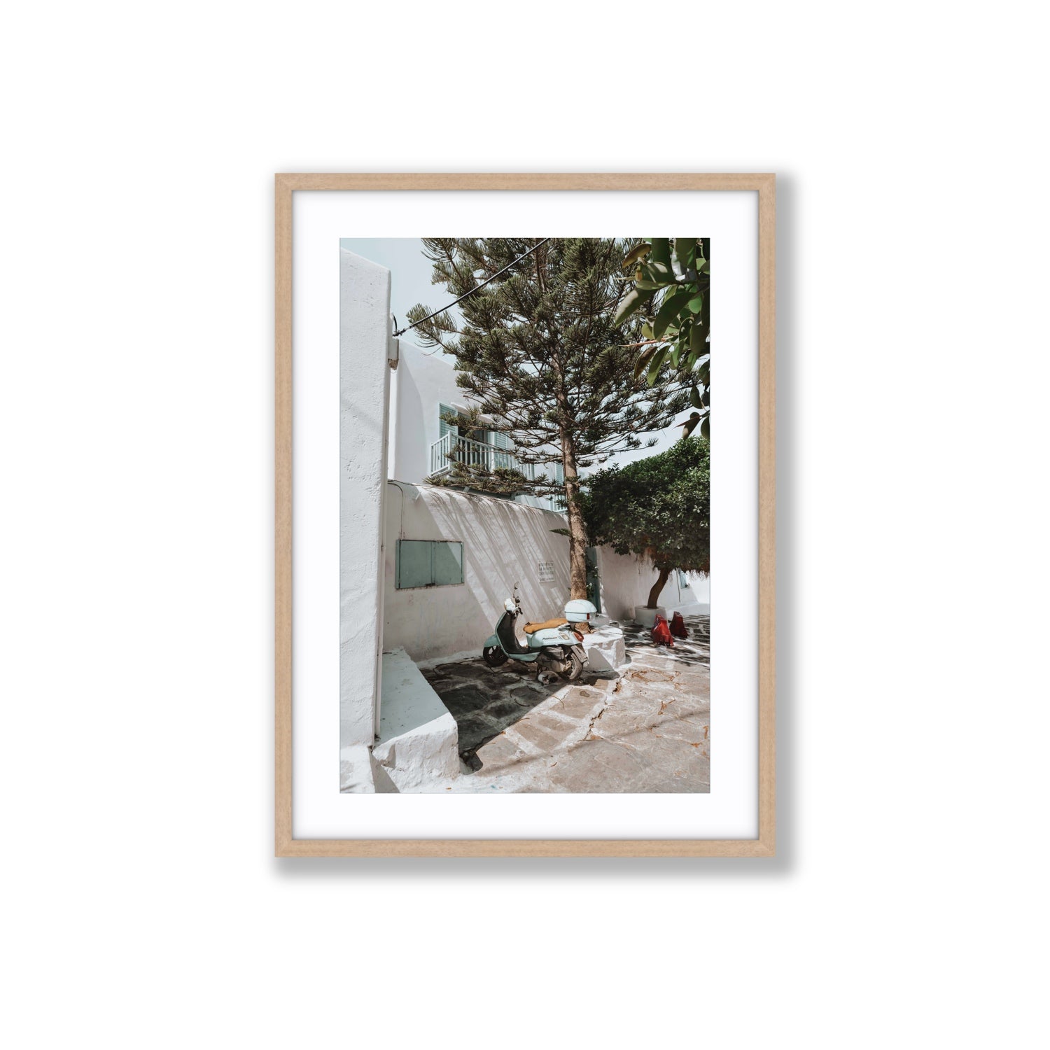 The Getaway Mykonos Mediterranean Greek island art print Large fine art print in natural oak frame with matboard