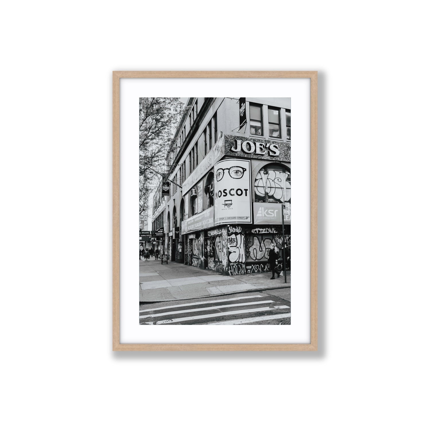 Lower East Side Murals New York NYC Black & White wall art Large fine art print in natural oak frame with matboard