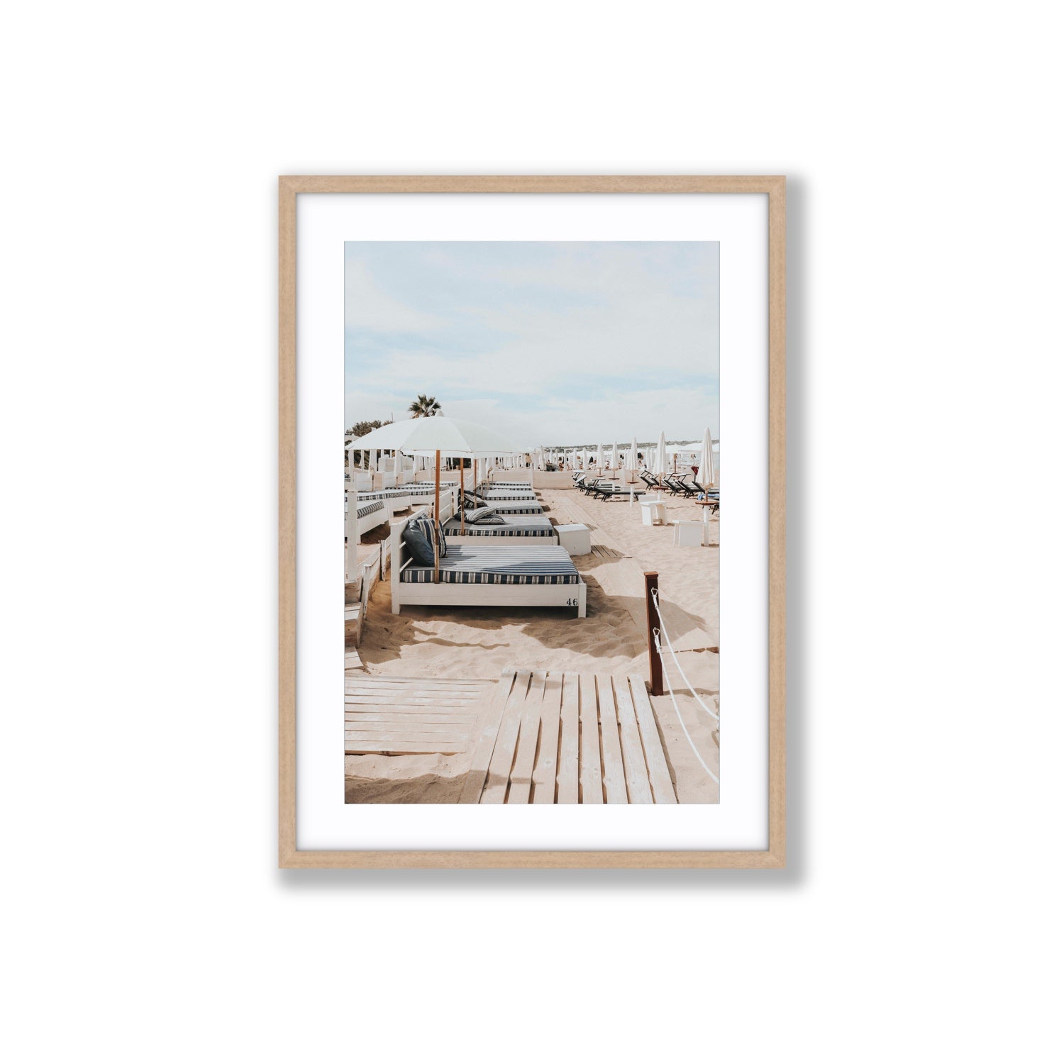 Coastal Repose Puglia beach Mediterranean fine art print Large fine art print in natural oak frame with matboard