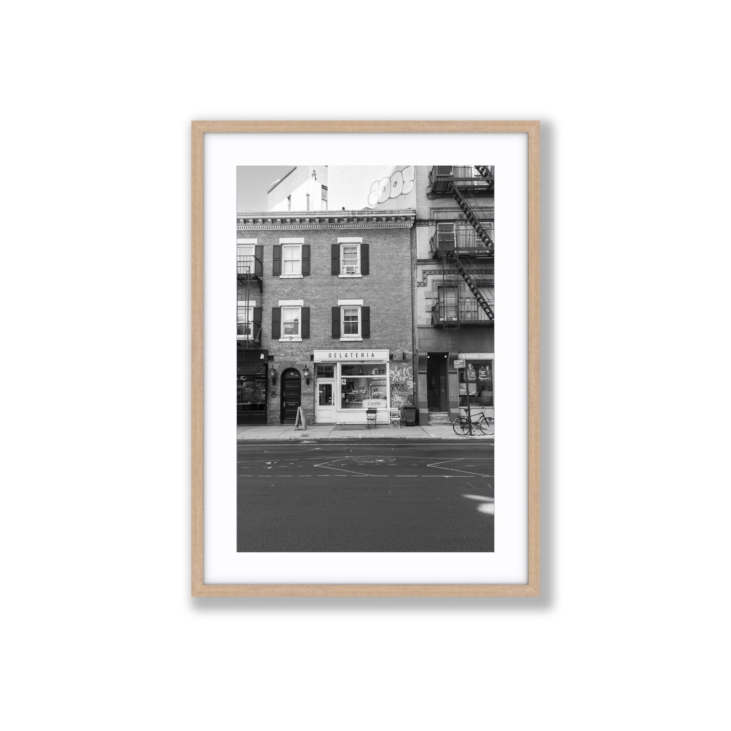 Gelateria New York NYC Black & White wall art Large fine art print in natural oak frame with matboard