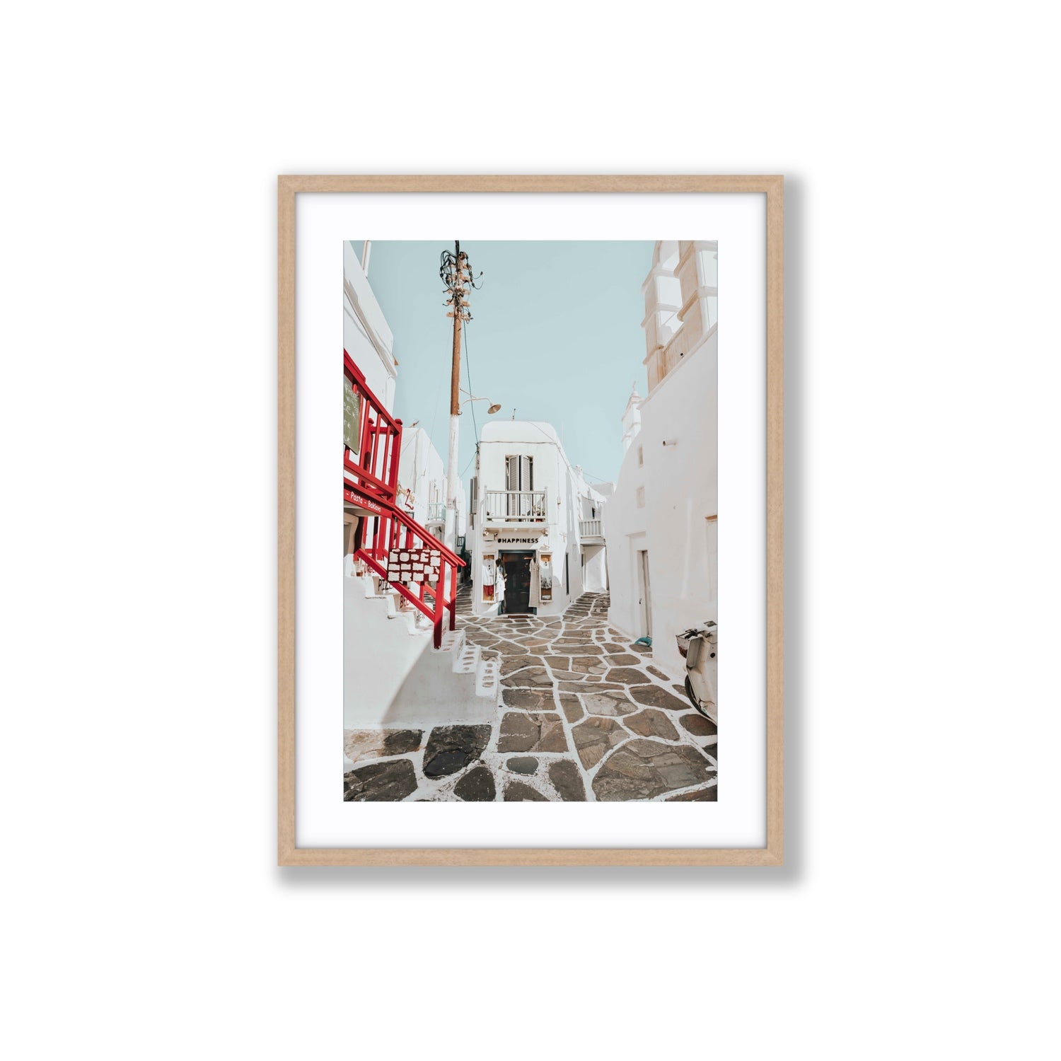 Happiness Mykonos Greek island wall art Large fine art print in natural oak frame with matboard