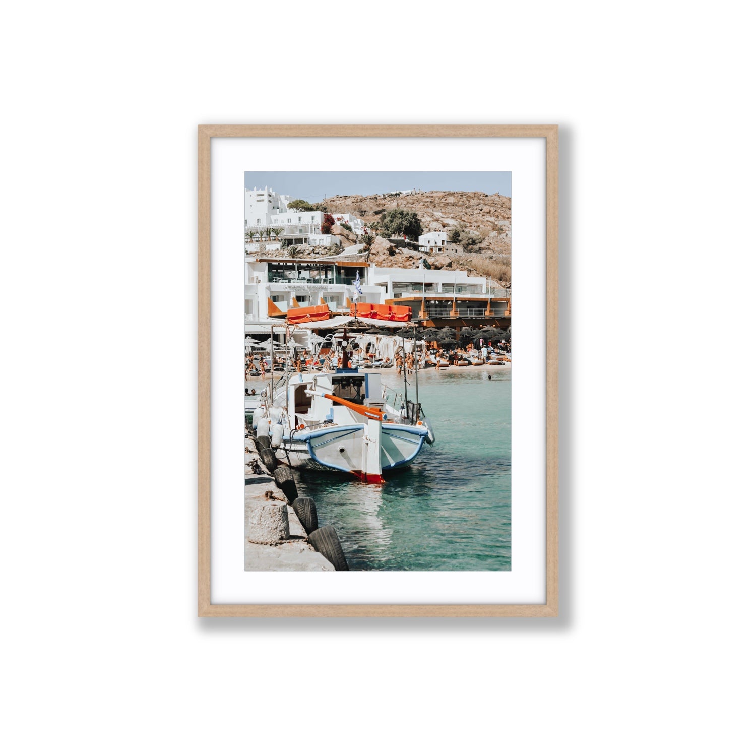 Travel In Style Mykonos Greek island wall art Large fine art print in natural oak frame with matboard