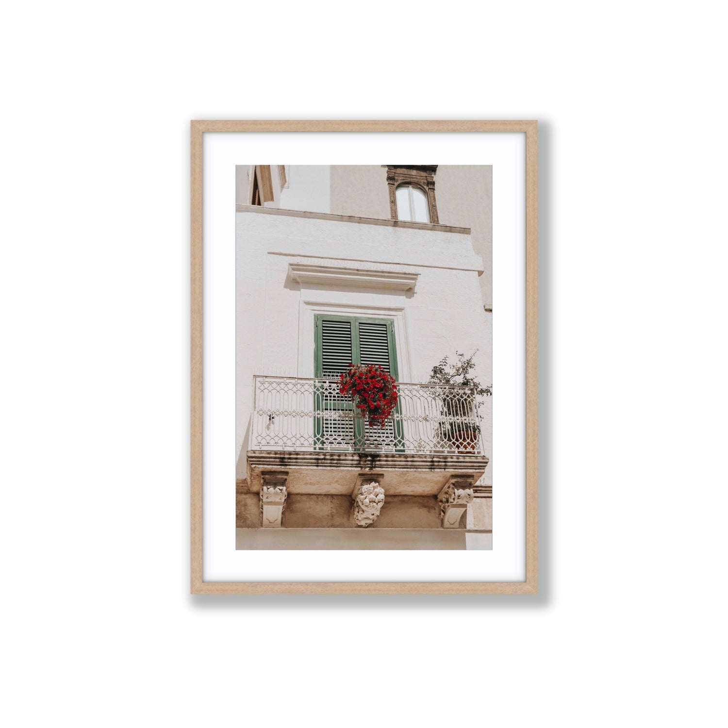 Balcone Estivo Puglia Italian wall art Large fine art print in natural oak frame with matboard