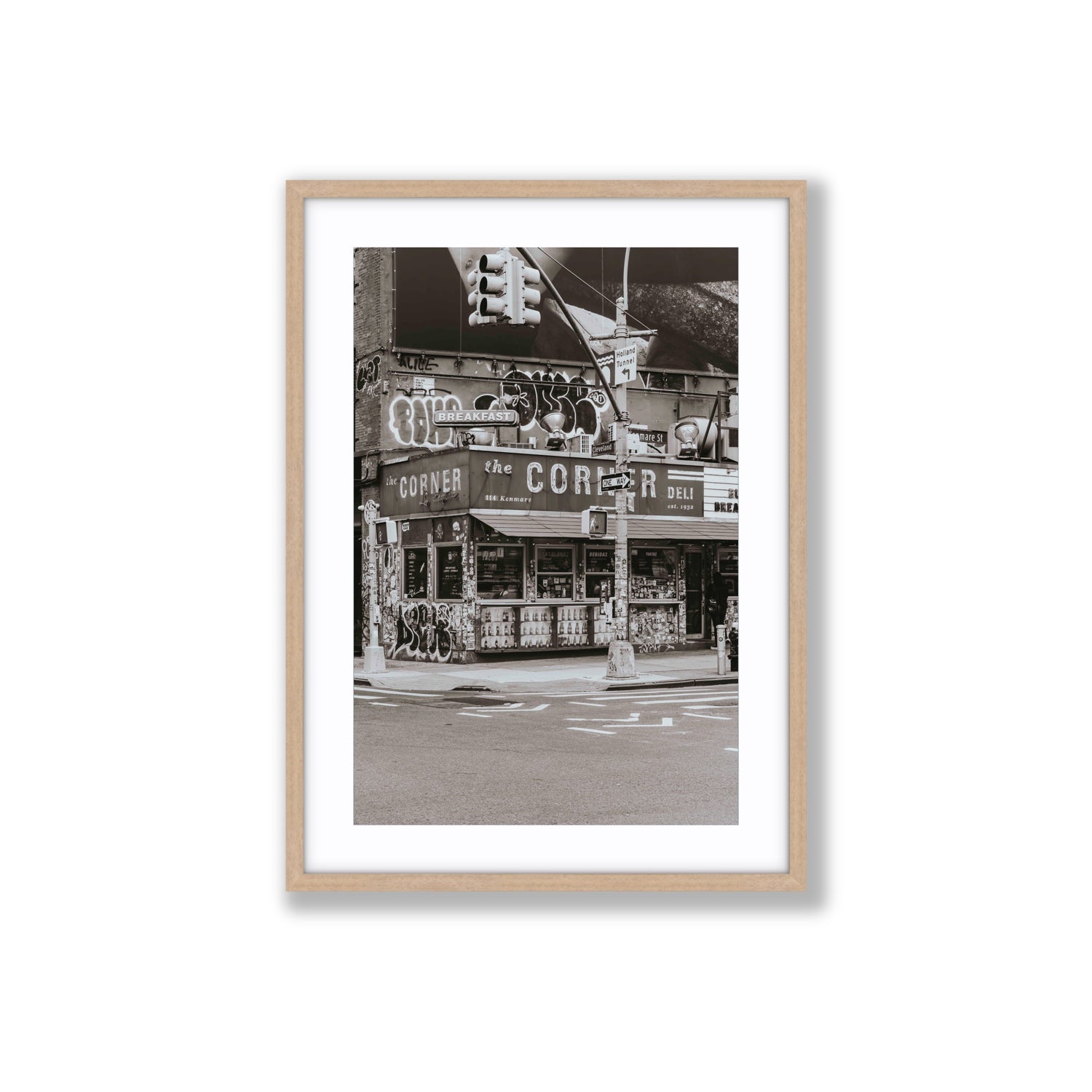 Soho Deli New York NYC Black & White wall art Large fine art print in natural oak frame with matboard