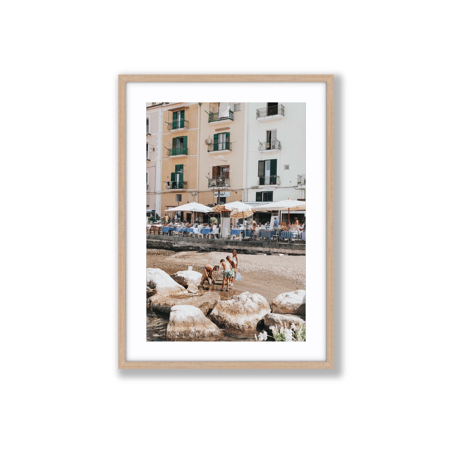 Sunny Playtime Sorrento coastal wall art Large fine art print in natural oak frame with matboard
