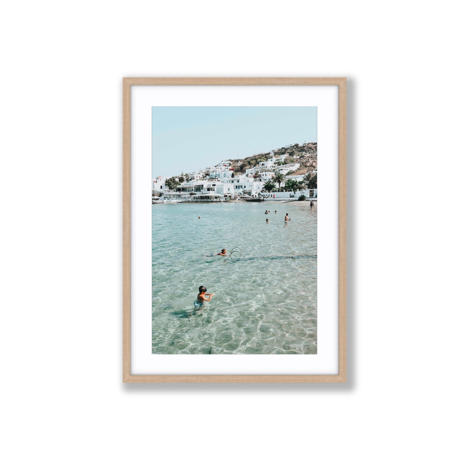 Beside The Seaside Mykonos beach Greek island wall art Large fine art print in natural oak frame with matboard