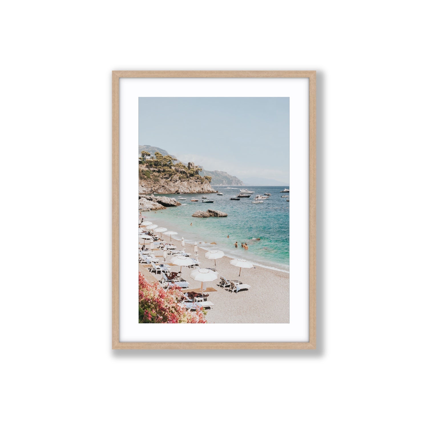Seaview Refuge Amalfi coastal wall art large fine art print in natural oak frame with matboard