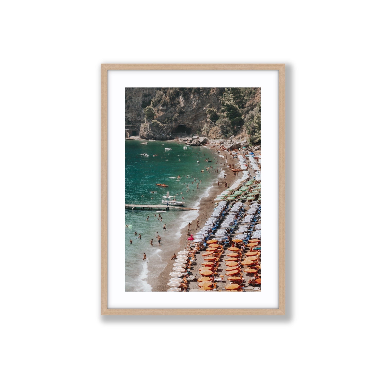 Ocean's Playground Positano decor wall art Large fine art print in natural oak frame with matboard