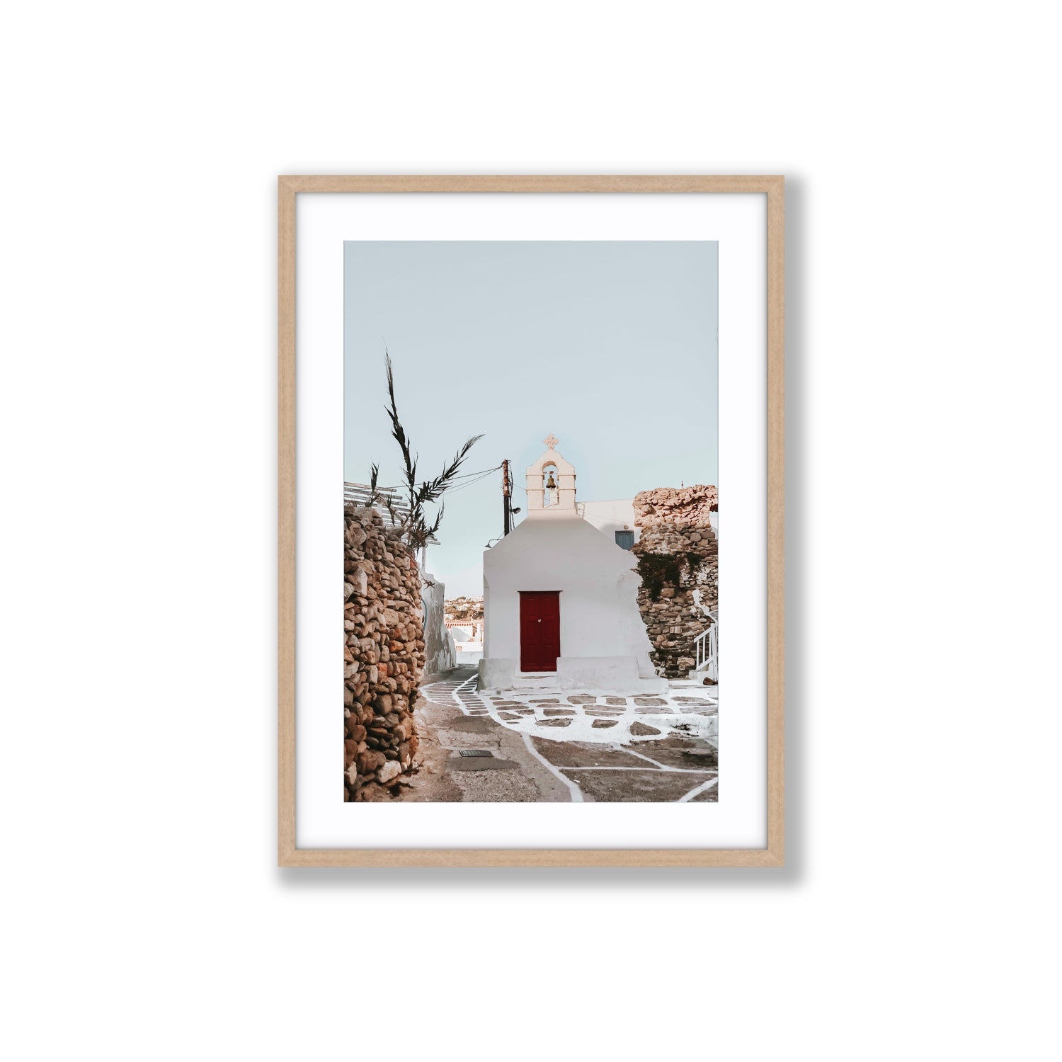 Little Chapel Mykonos Greek island wall art Large fine art print in natural oak frame with matboard