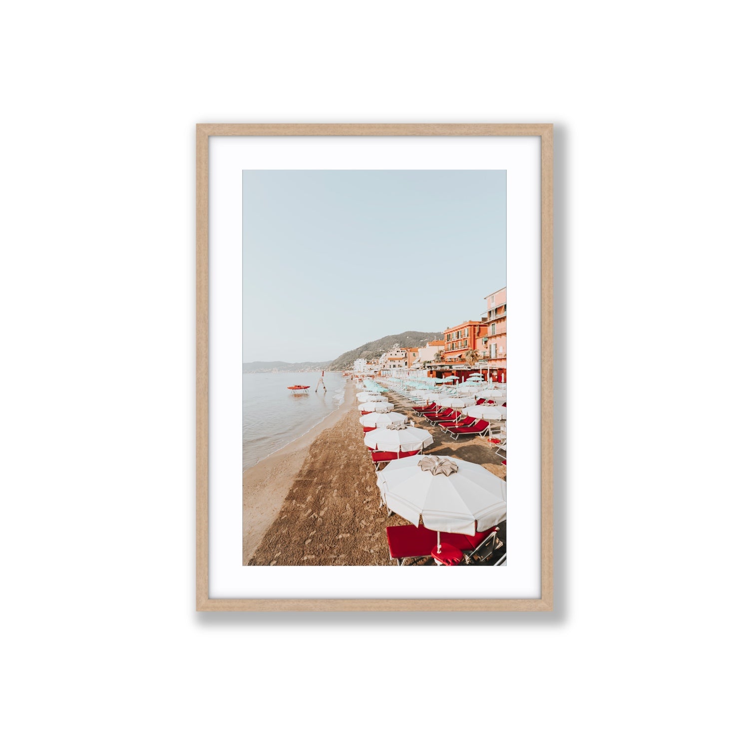 Italian Riviera fine art print, Alassio, Italy, coastal scenes artwork, Large, Natural Oak Frame · Matboard, Fine Art Print
