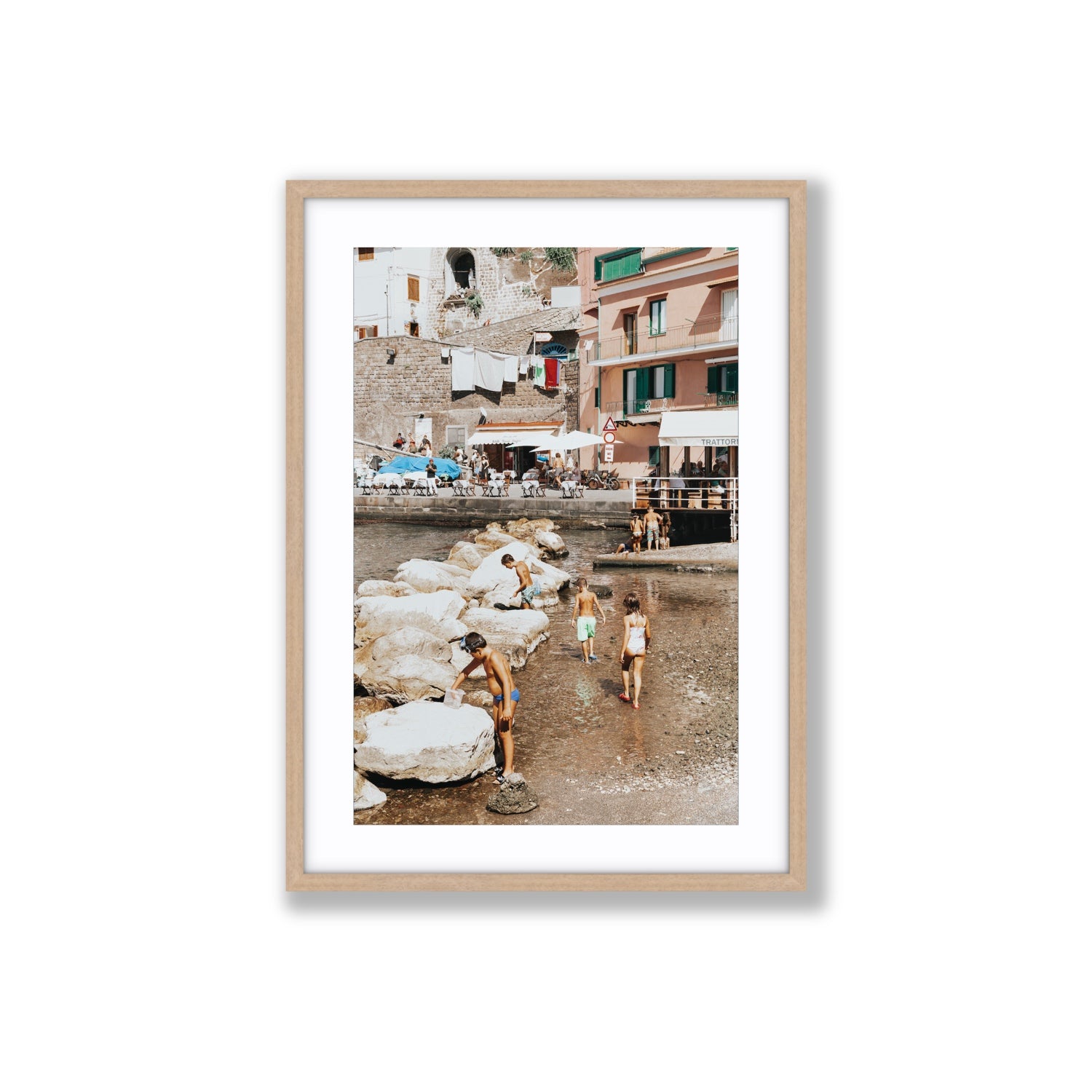 The Beachcombers Sorrento beach coastal wall art Large fine art print in natural oak frame with matboard