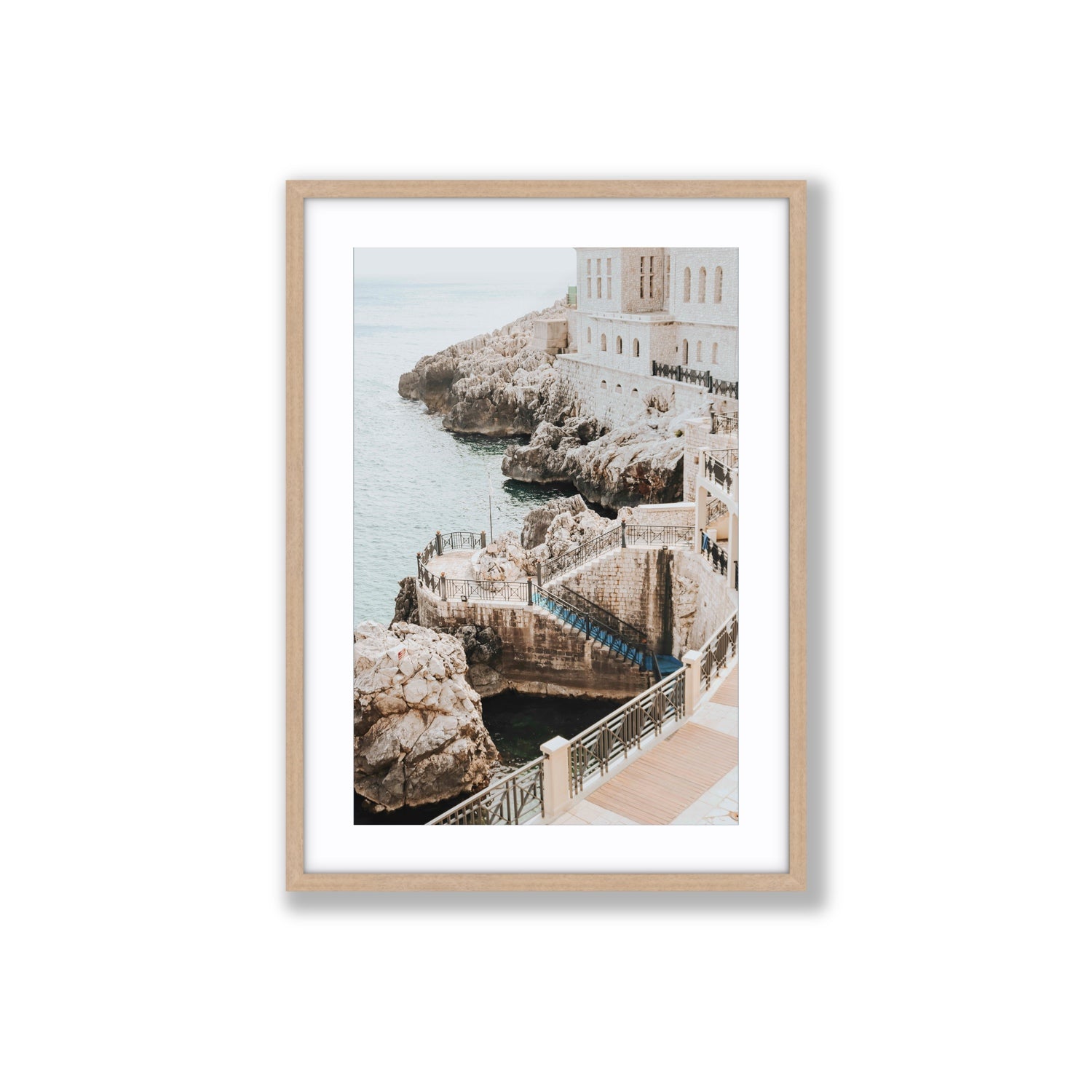 Wellness Centre Puglia coastal wall art Large fine art print in natural oak frame with matboard