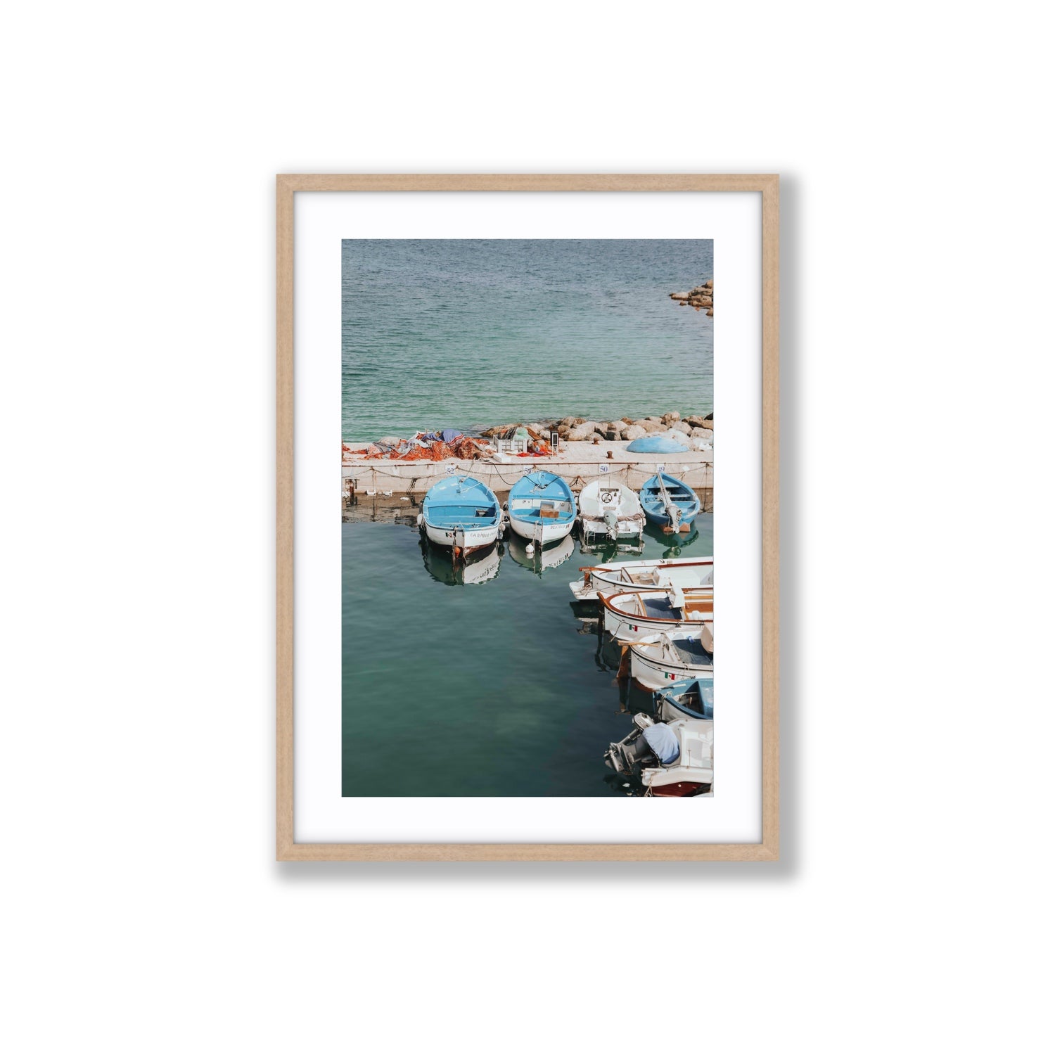 Maritime Memories Puglia Harbour Reflections coastal wall art Large fine art print in natural oak frame with matboard