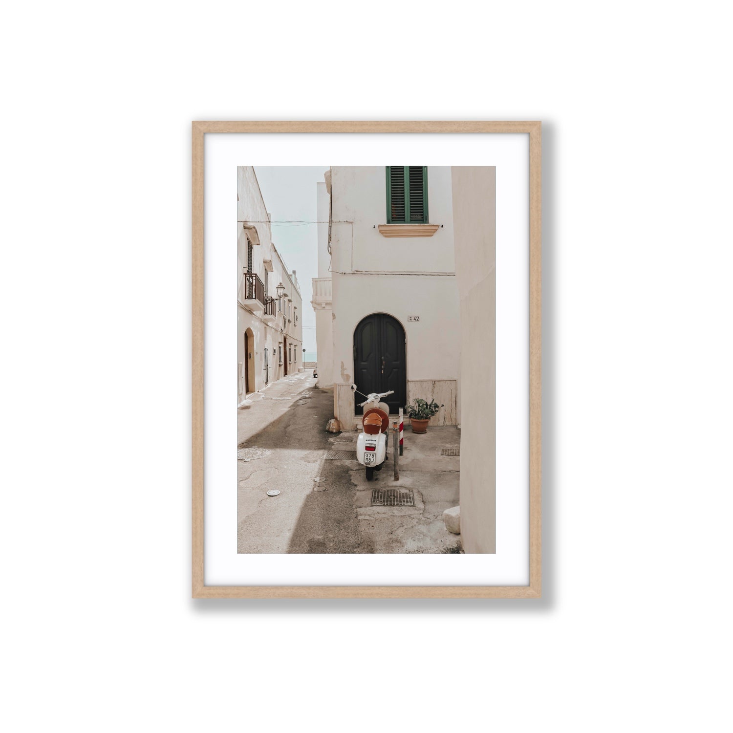 La Casa 42 Puglia Gallipoli Italian wall art Large fine art print in natural oak frame with matboard