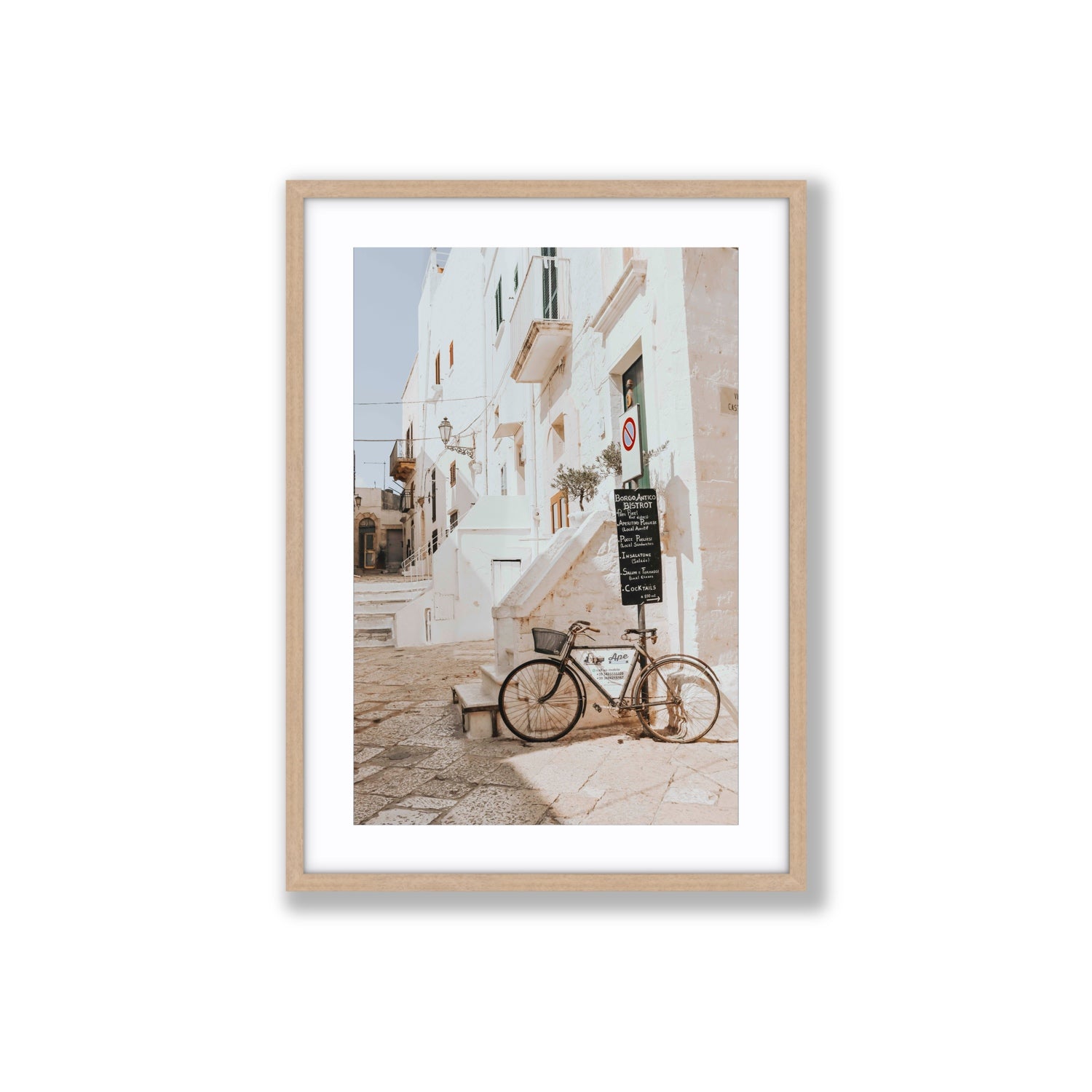 La Bicicletta Puglia Ostuni wall art Large fine art print in natural oak frame with matboard
