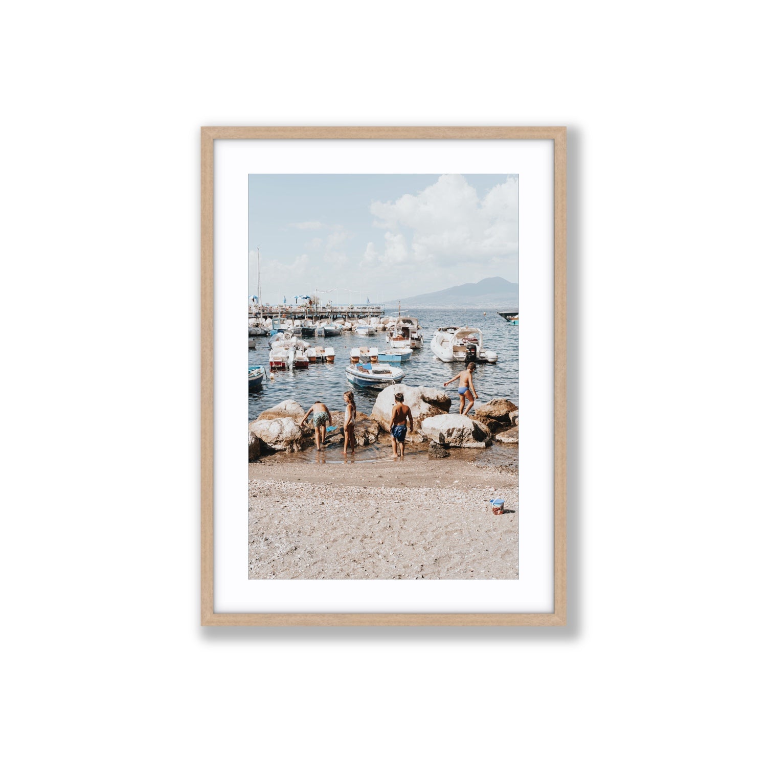 Searching For Treasures Sorrento coastal wall art Large fine art print in natural oak frame with matboard