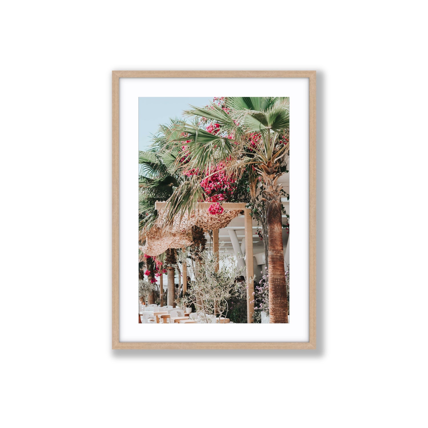 Palm Trees Mykonos Greek island wall art Large fine art print in natural oak frame with matboard