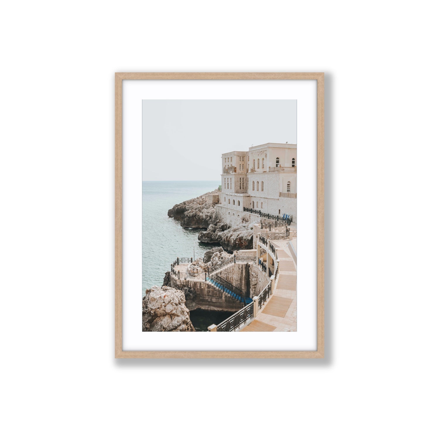 Santa Cesarea Puglia Italian coastal wall art Large fine art print in natural oak frame with matboard