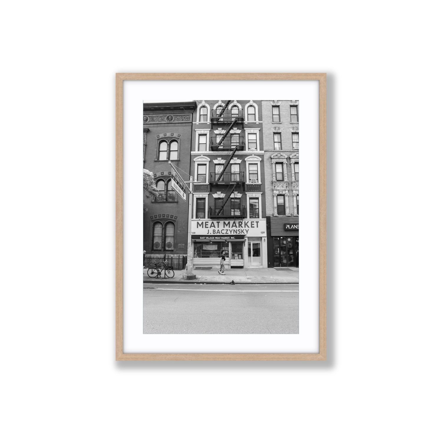 Vertical Village New York NYC Black & White wall art Large fine art print in natural oak frame with matboard