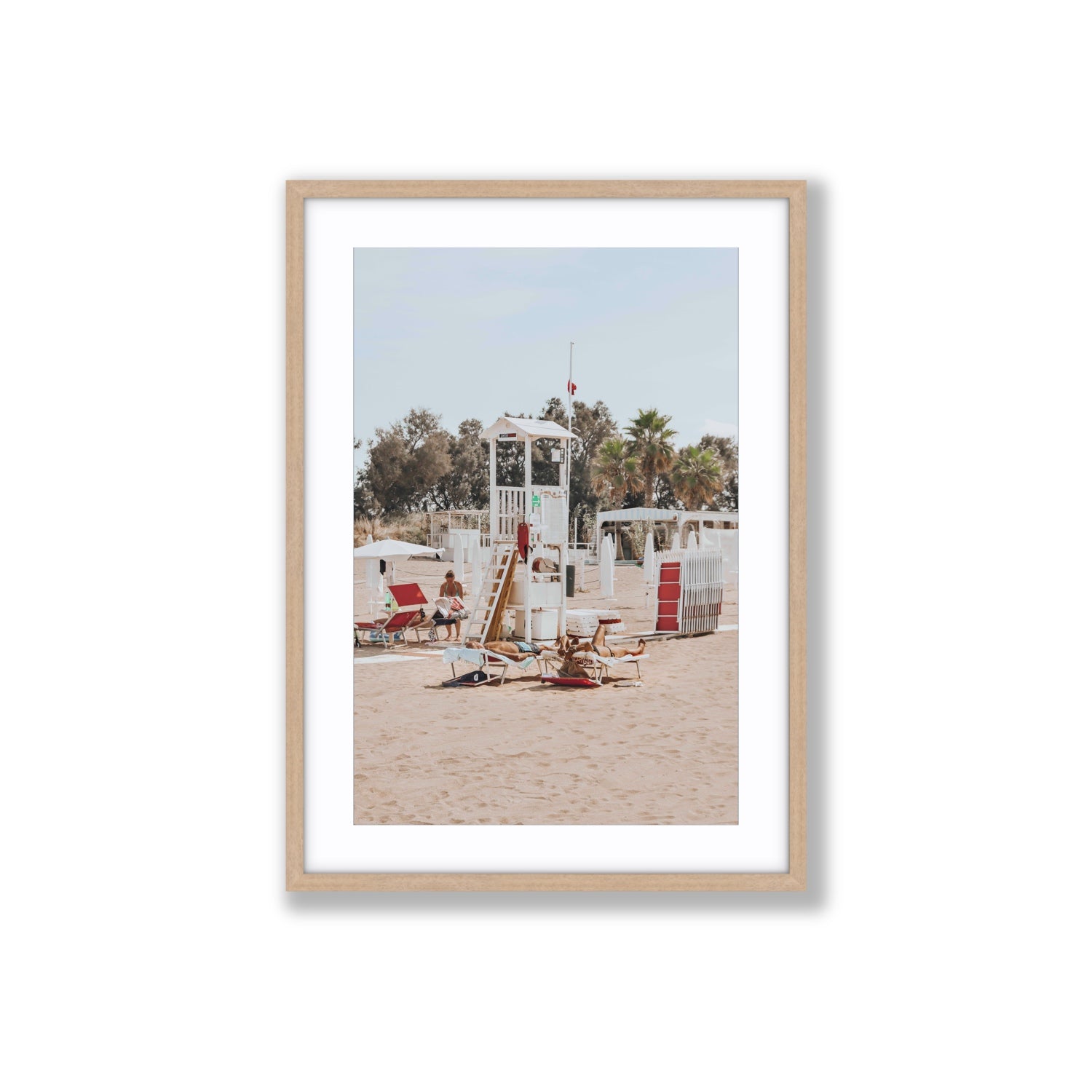 Red Lounge Reverie Puglia beach coastal wall art Large fine art print in natural oak frame with matboard