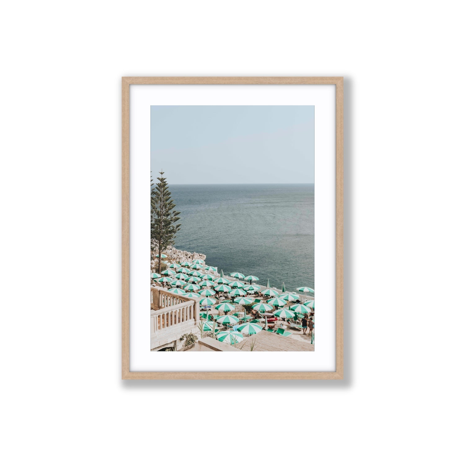 Sun-drenched Stripes Puglia beach coastal wall art Large fine art print in natural oak frame with matboard
