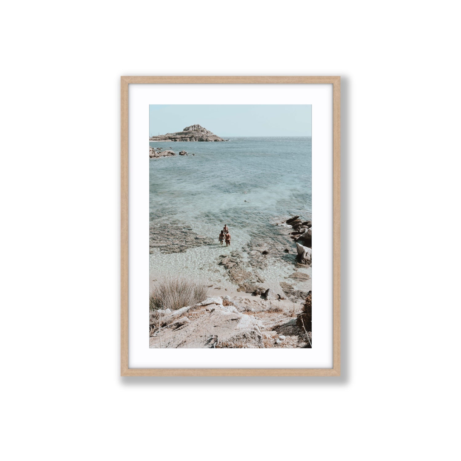 Island Life Mykonos coastal Greek island wall art Large fine art print in natural oak frame with matboard