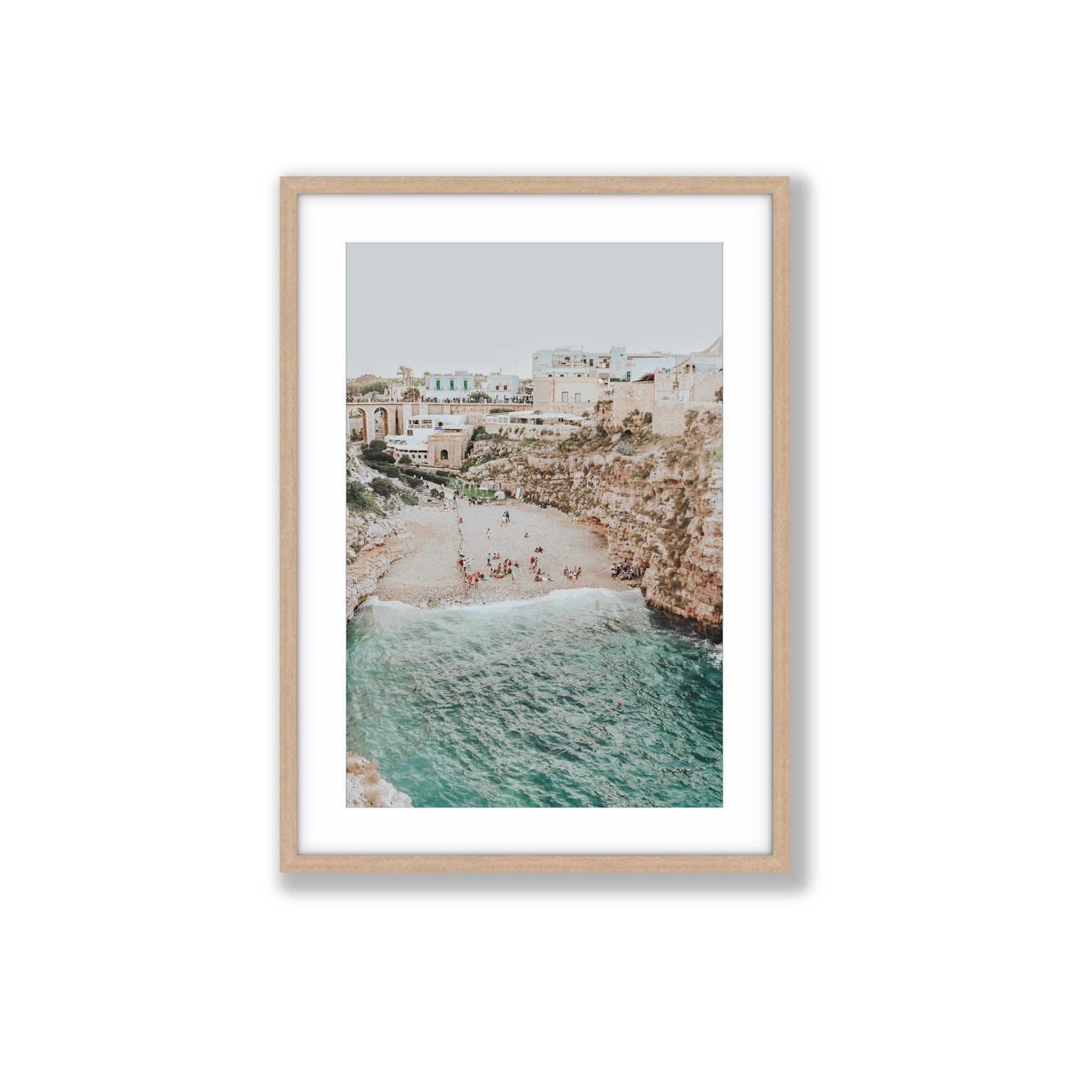 Polignano Vista Puglia coastal Italian beach fine art print Large fine art print in natural oak frame with matboard