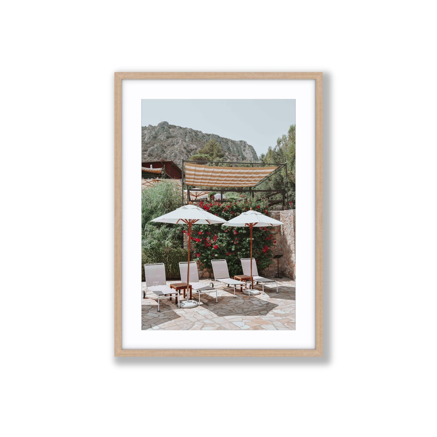 Shades of Leisure Tuscany coastal Italian wall art Large fine art print in natural oak frame with matboard
