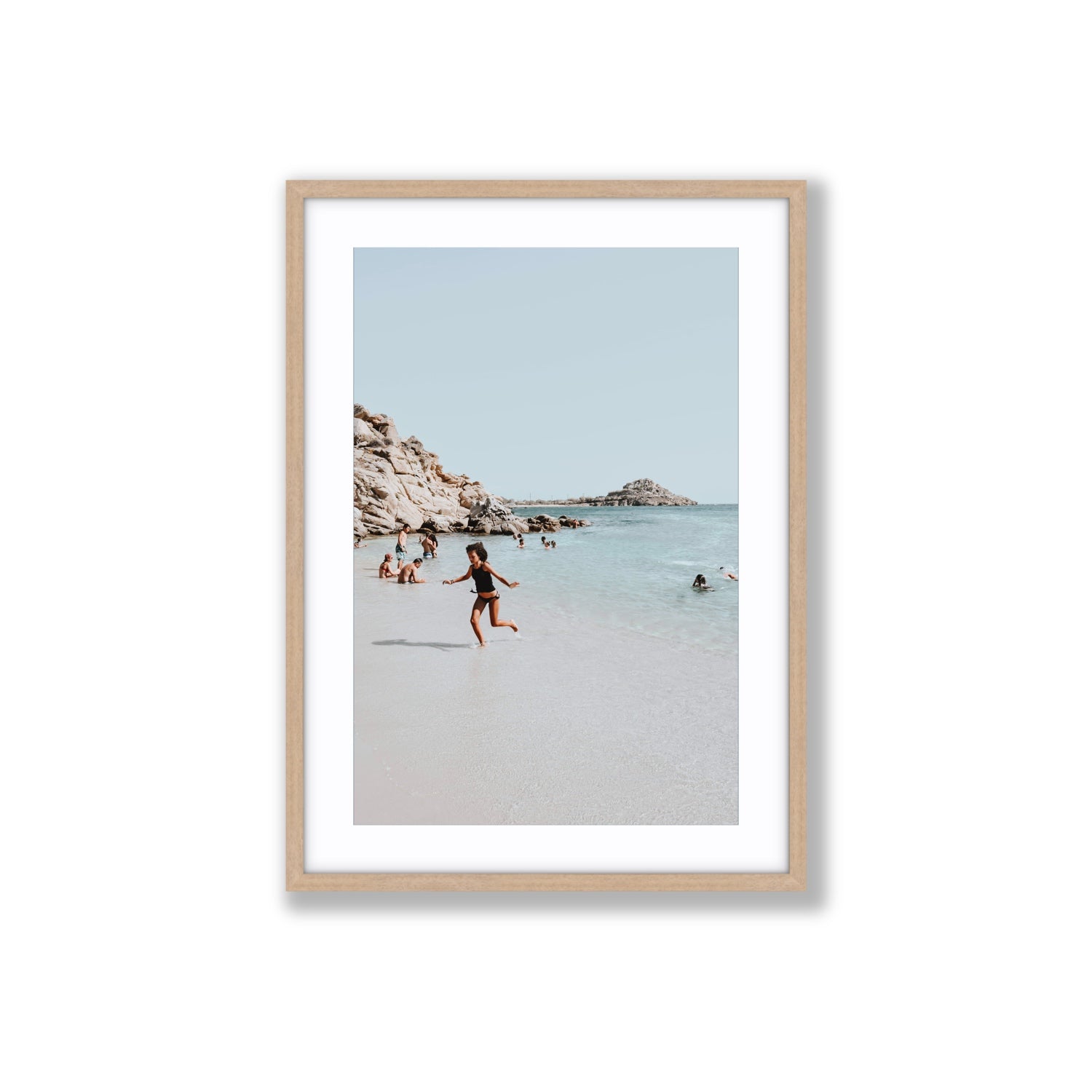 Skipping Angel Mykonos Greek island decor wall art Large fine art print in natural oak frame with matboard