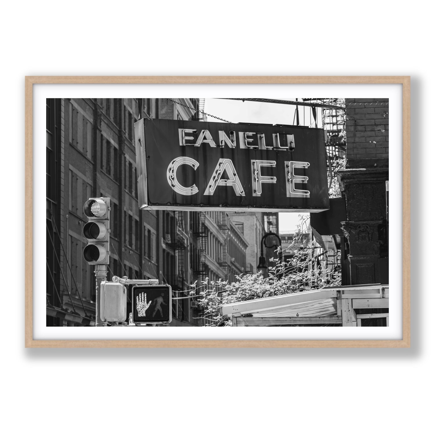 Soho Neon New York NYC Black & White wall art Statement fine art print in natural oak frame with matboard