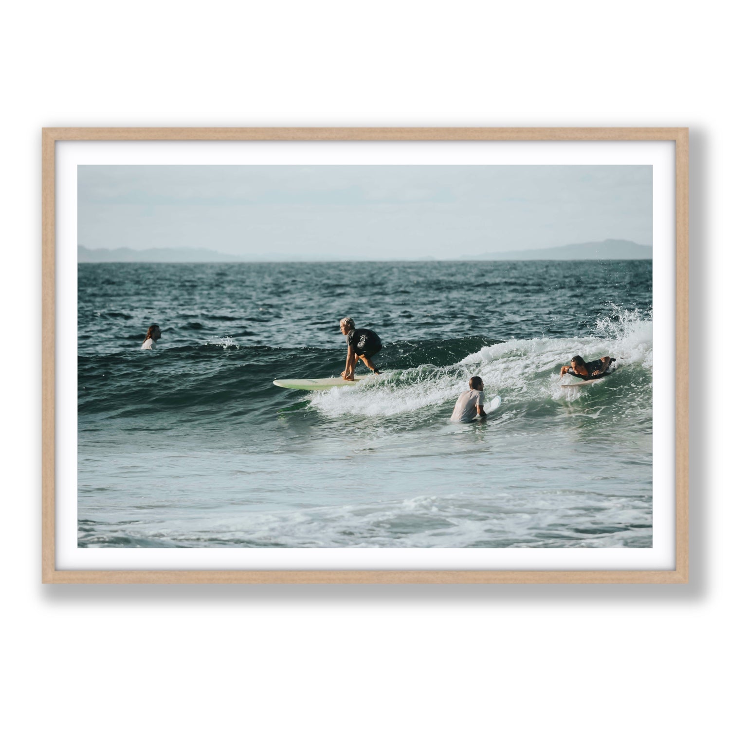The Boys of Summer Byron Bay Surf coastal wall art Statement fine art print in natural oak frame with matboard