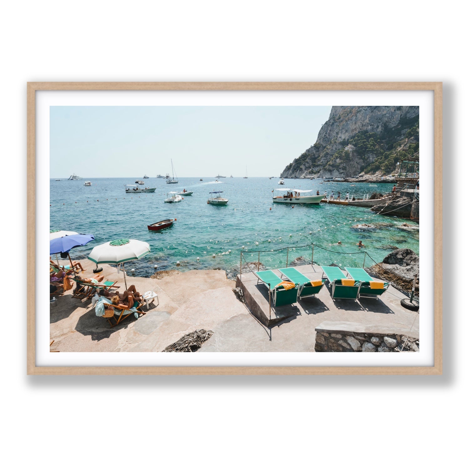 Save Me A Seat Capri Mediterranean wall art Statement fine art print in natural oak frame with matboard