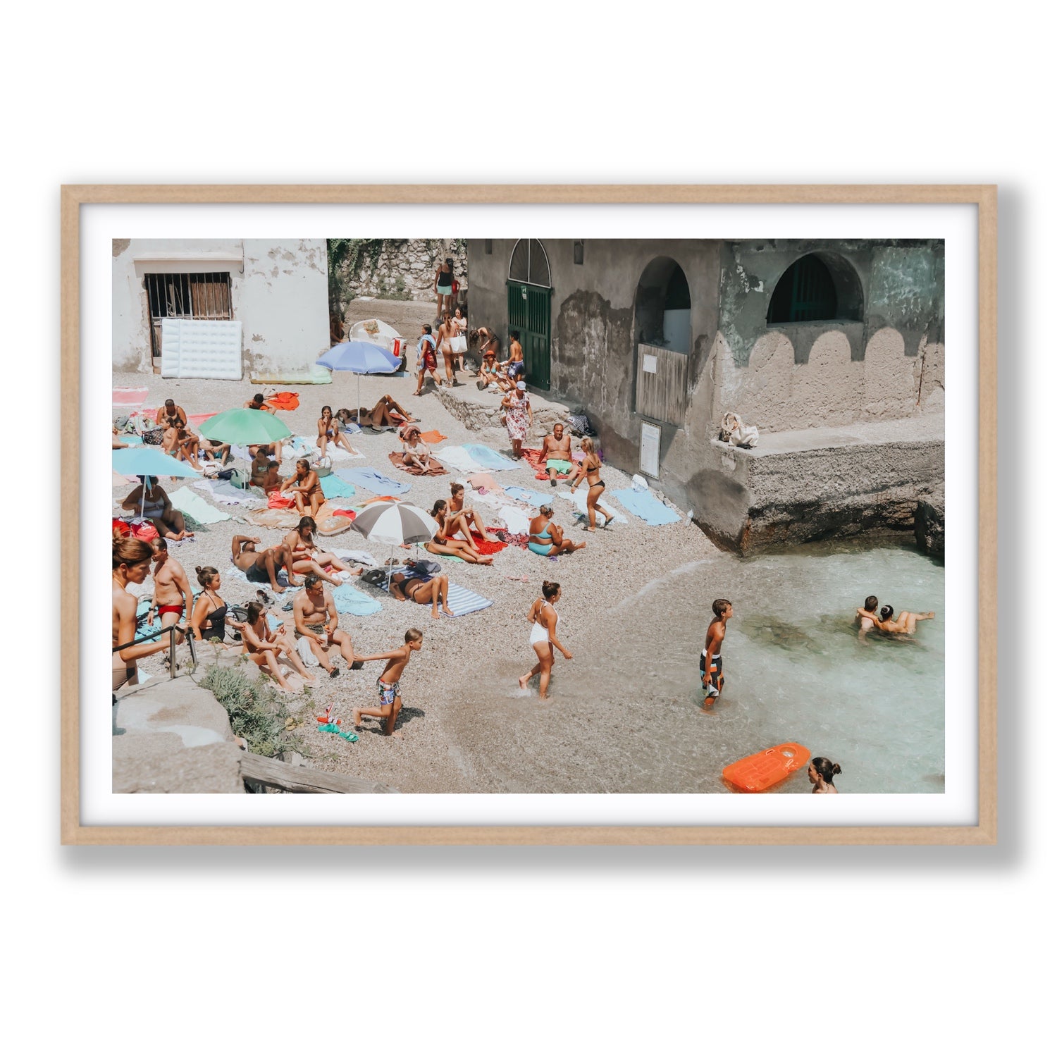 Heatwave Capri beach coastal wall art Statement fine art print in natural oak frame with matboard