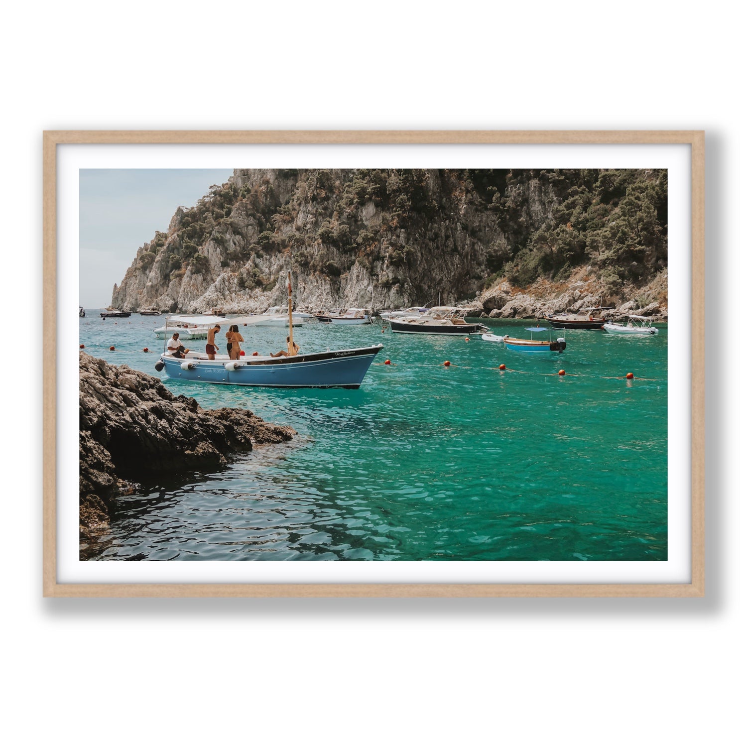Cozy Cove Capri coastal Mediterranean wall art Statement fine art print in natural oak frame with matboard