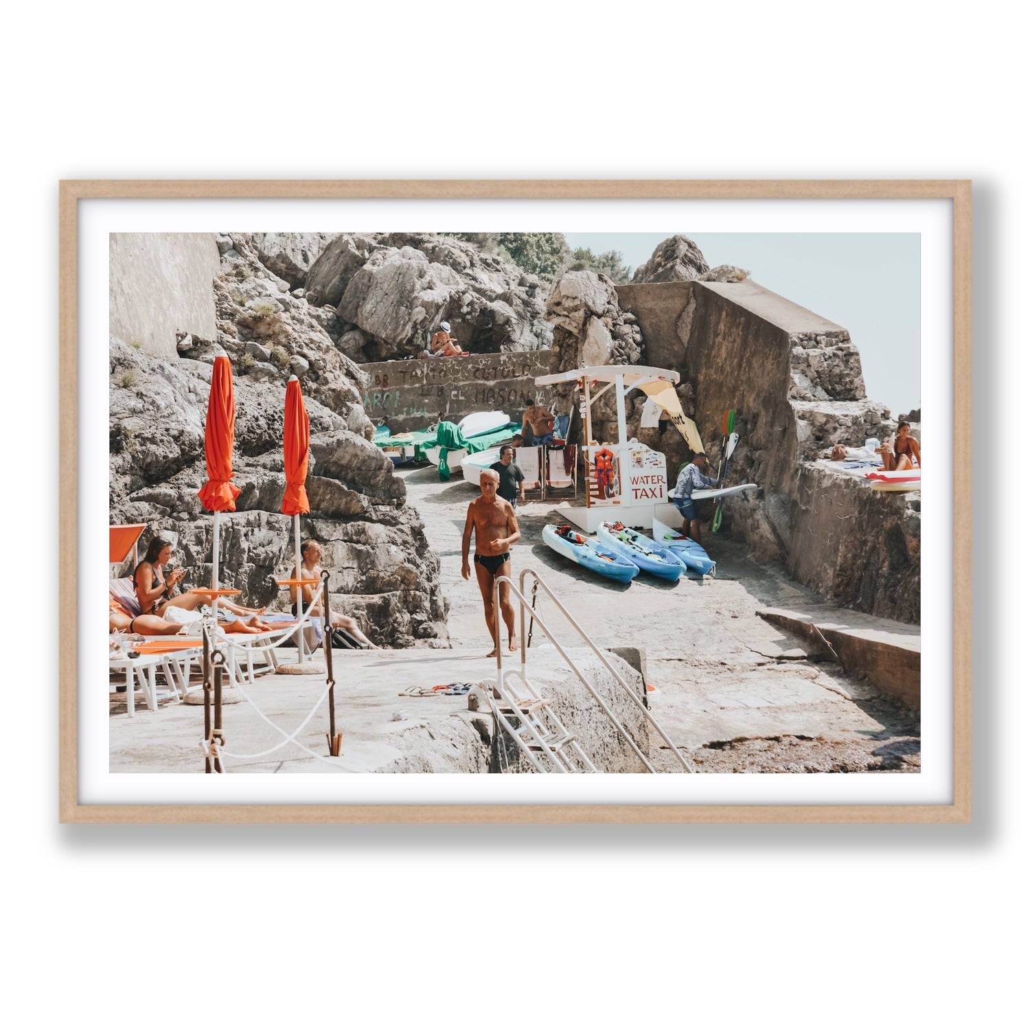 The Local Praiano Amalfi Coast Mediterranean wall art Statement fine art print in natural oak frame with matboard