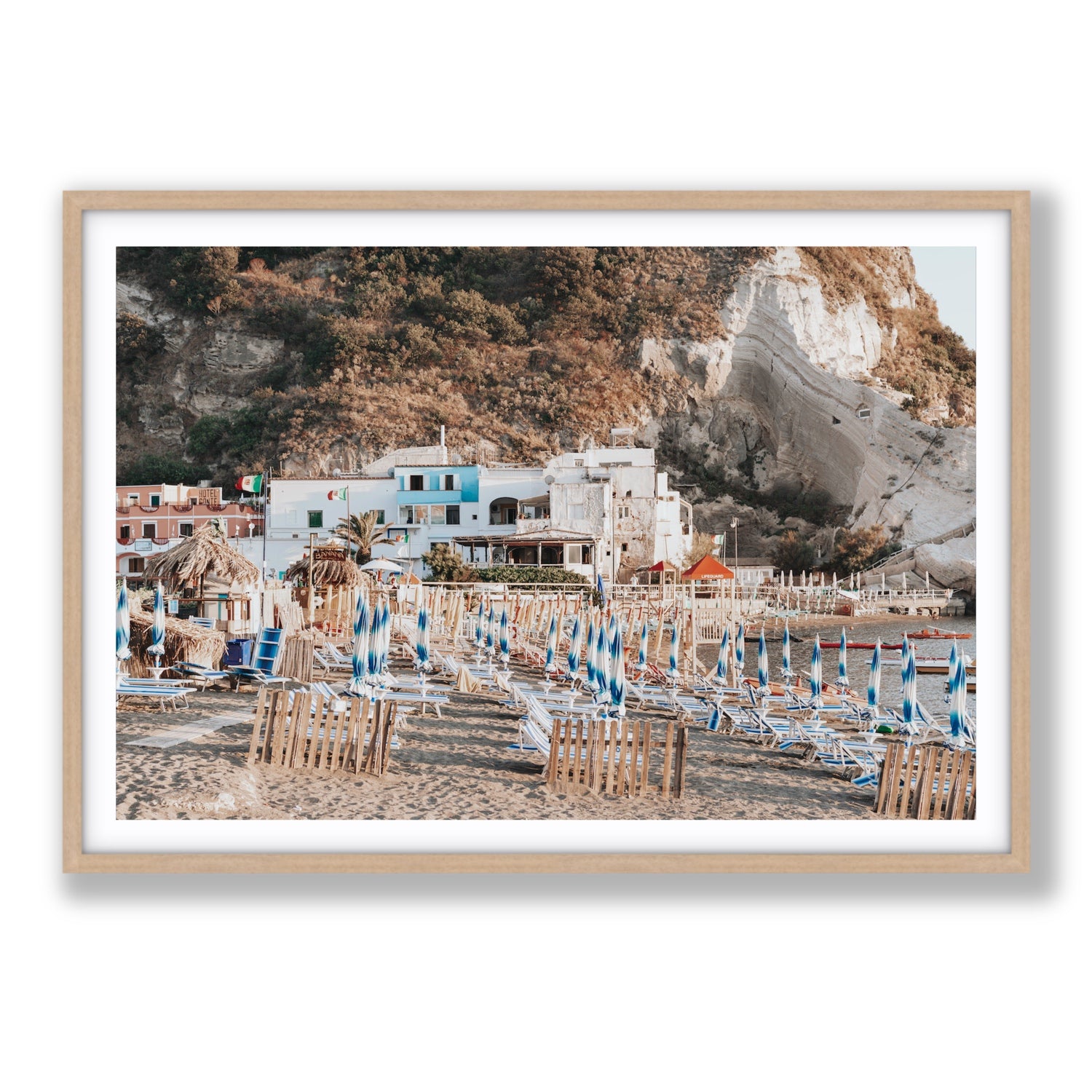Sant' Angelo Ischia Italian coastal wall art Statement fine art print in natural oak frame with matboard