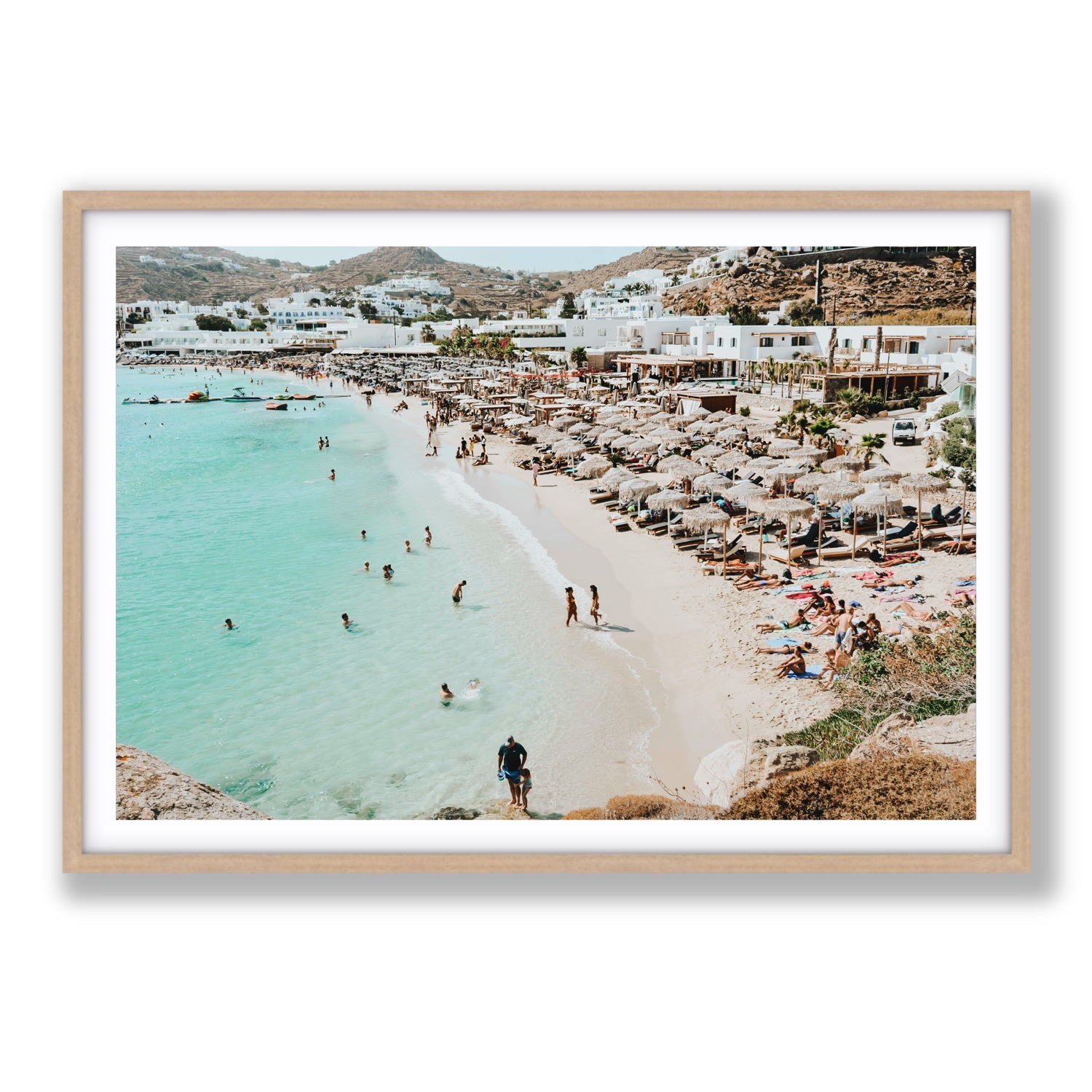 Aquaholic Mykonos Greek island wall art Statement fine art print in natural oak frame with matboard