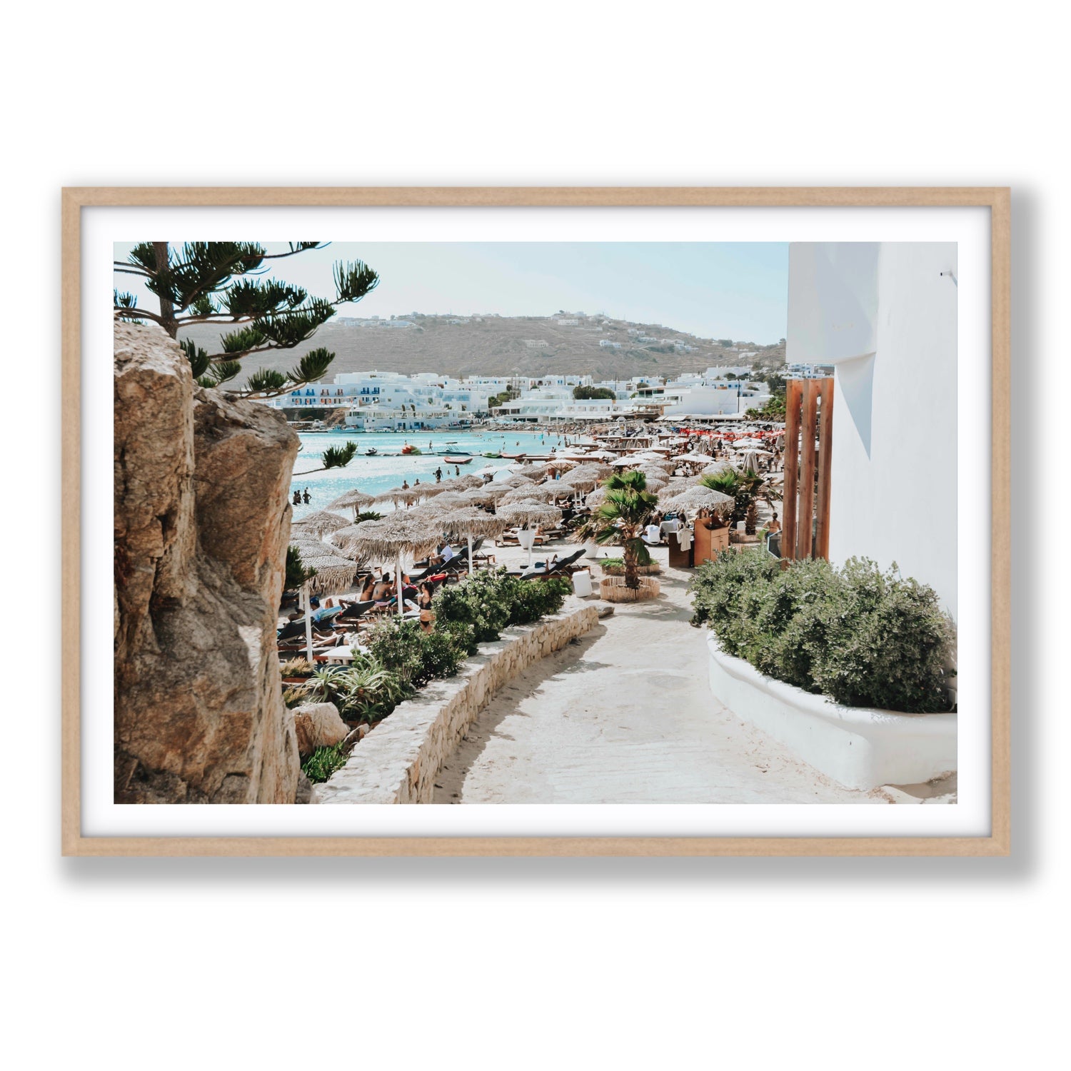 Kalimera Mykonos Greek island wall art Statement fine art print in natural oak frame with matboard
