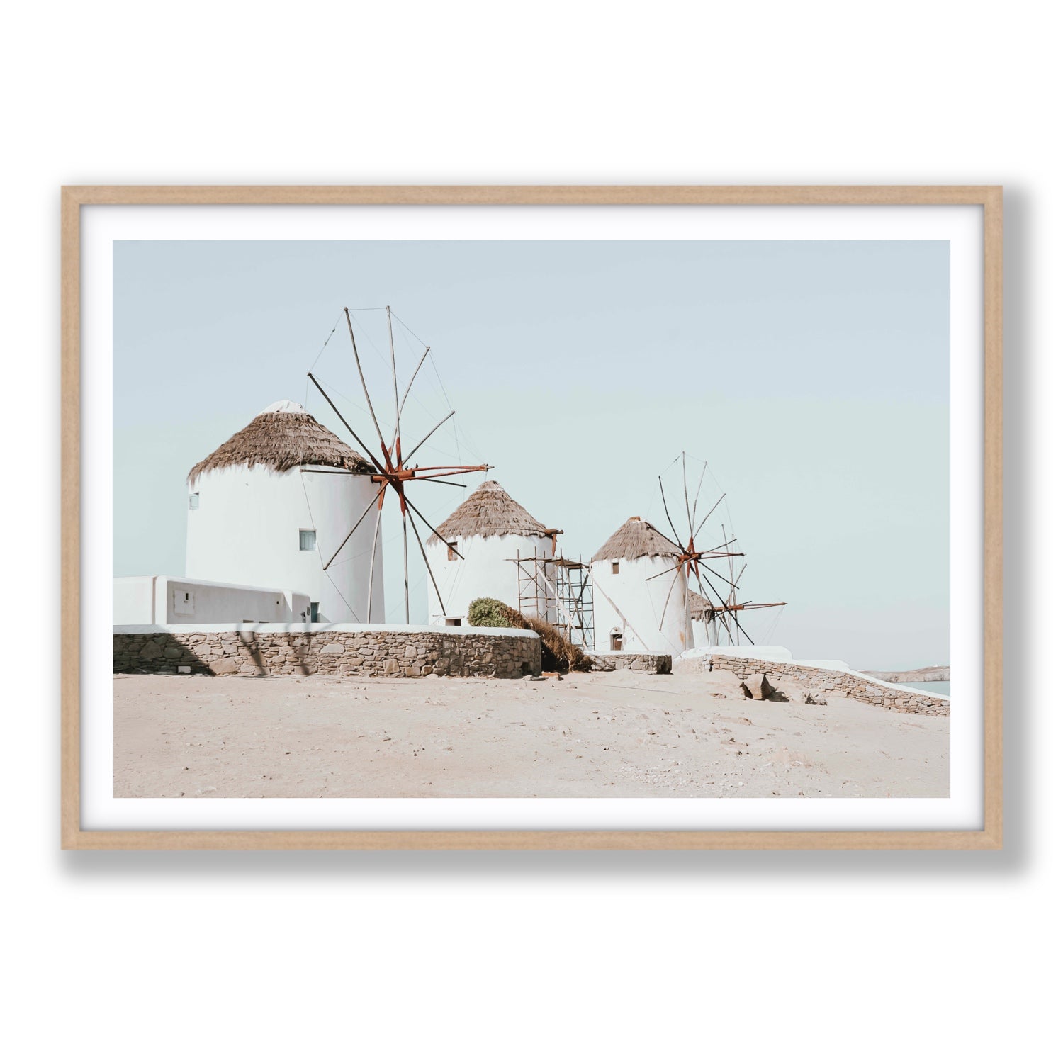 Rustic Icons Mykonos Greek island wall art Statement fine art print in natural oak frame with matboard
