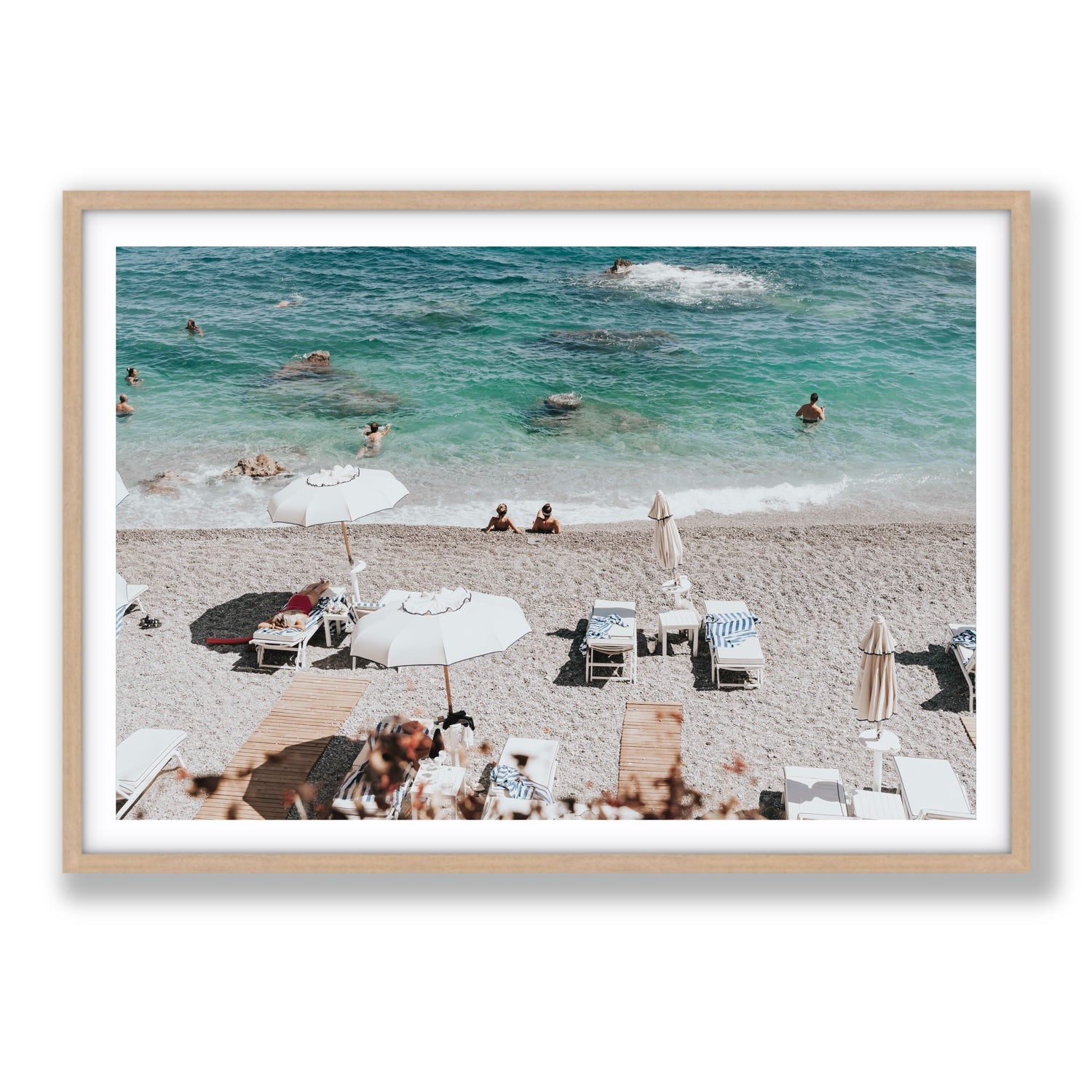 Amicizia Amalfi Italian beach wall art Statement fine art print in natural oak frame with matboard
