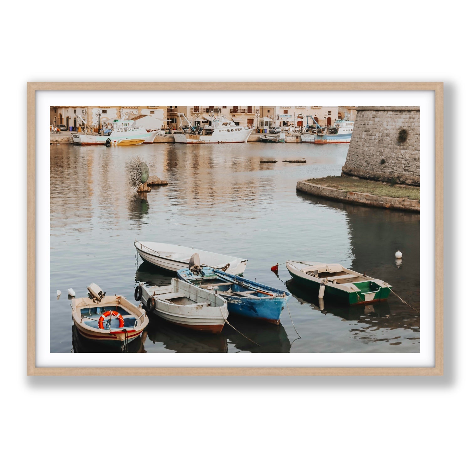 Cinque Barche Puglia Gallipoli Italian art print Statement fine art print in natural oak frame with matboard