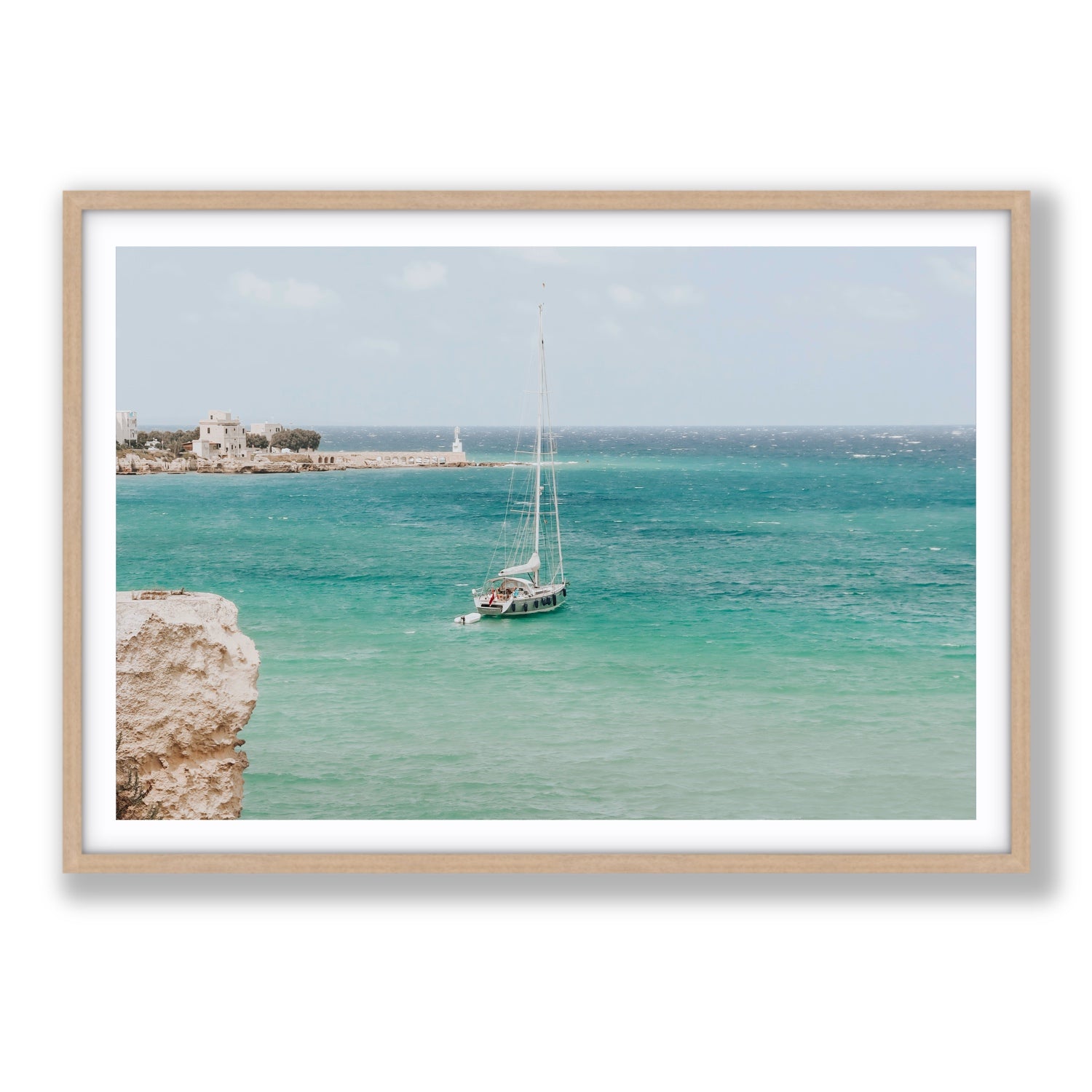 Adriatic Escape Puglia Italian coastal decor wall art Statement fine art print in natural oak frame with matboard