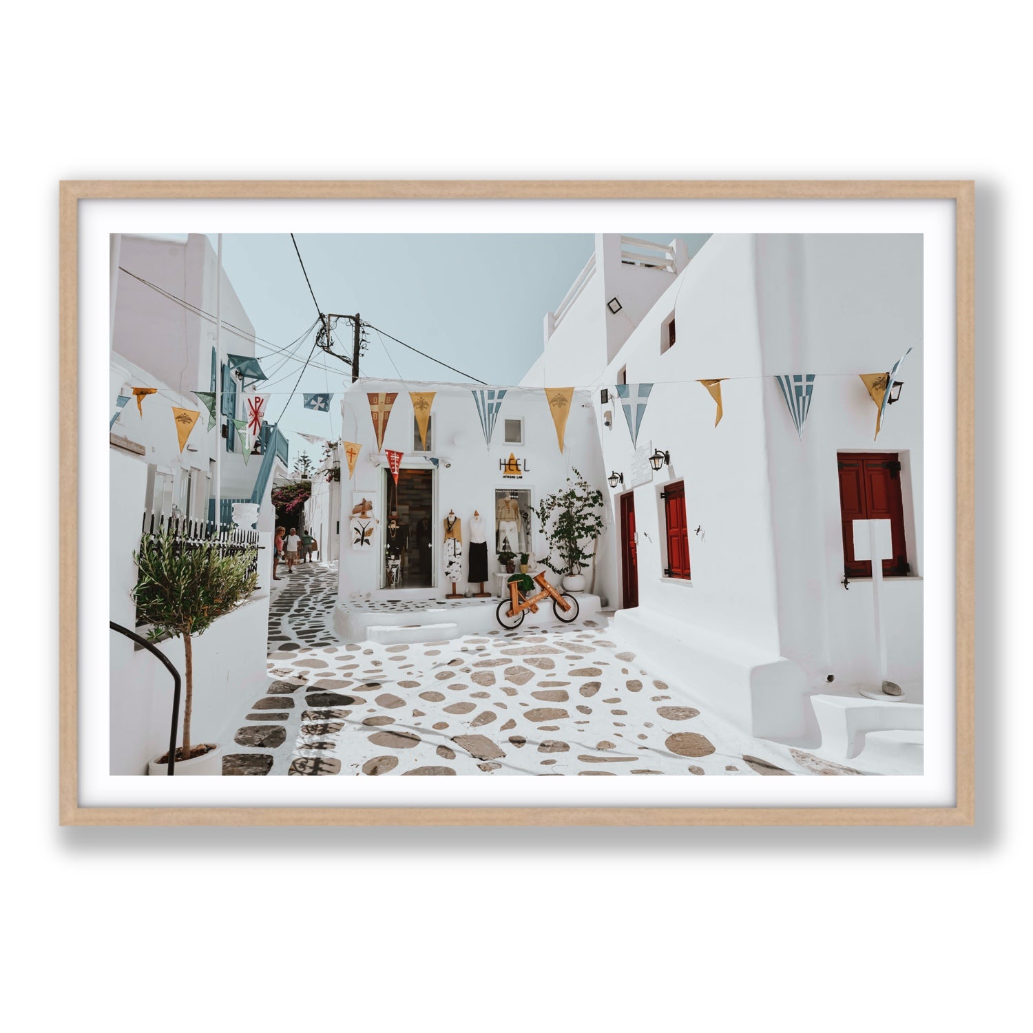 Cruising The Streets Mykonos Greek island wall art Statement fine art print in natural oak frame with matboard