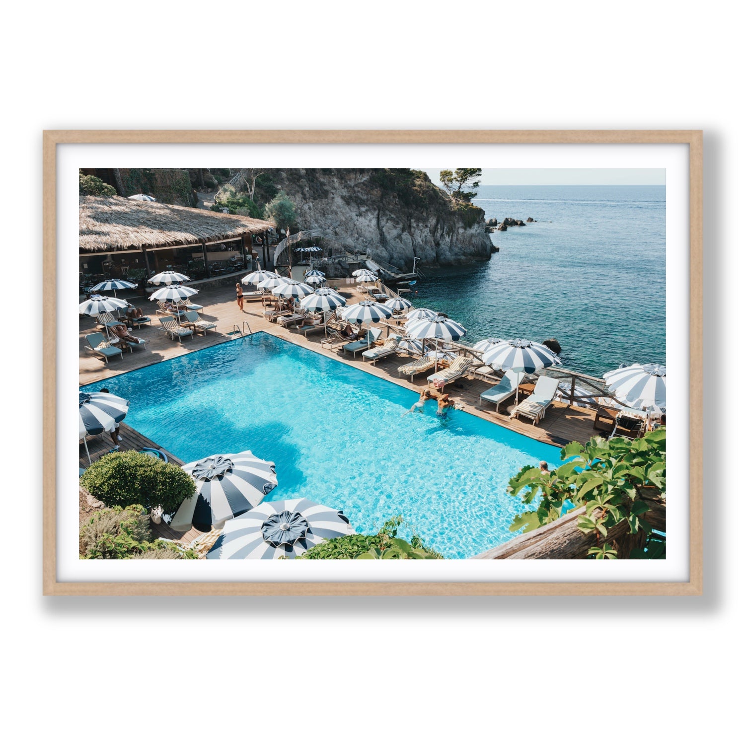 Oceanview Ischia Italian coastal wall art Statement fine art print in natural oak frame with matboard
