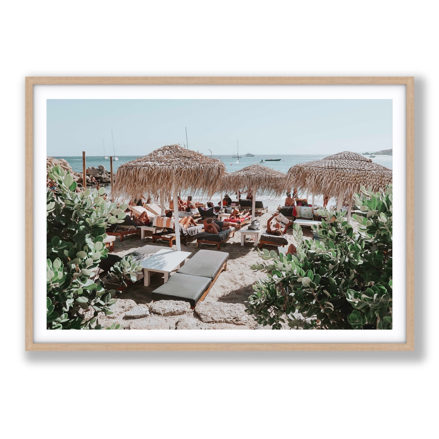 Greek Haven Mykonos Greek island coastal wall art Statement fine art print in natural oak frame with matboard
