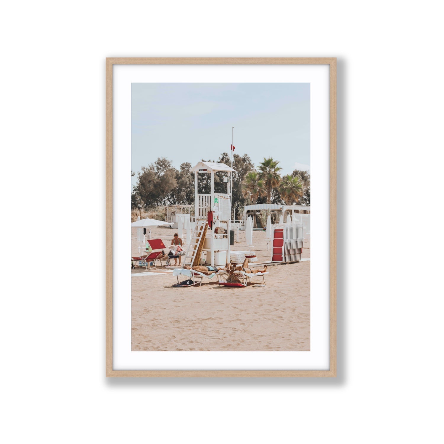 Red Lounge Reverie Puglia beach coastal wall art Extra Large fine art print in natural oak frame with matboard