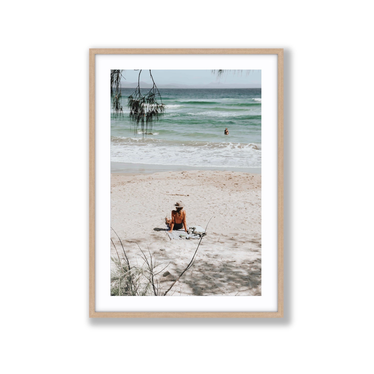 Take It Easy Byron Bay beach coastal decor wall art Extra Large fine art print in natural oak frame with matboard