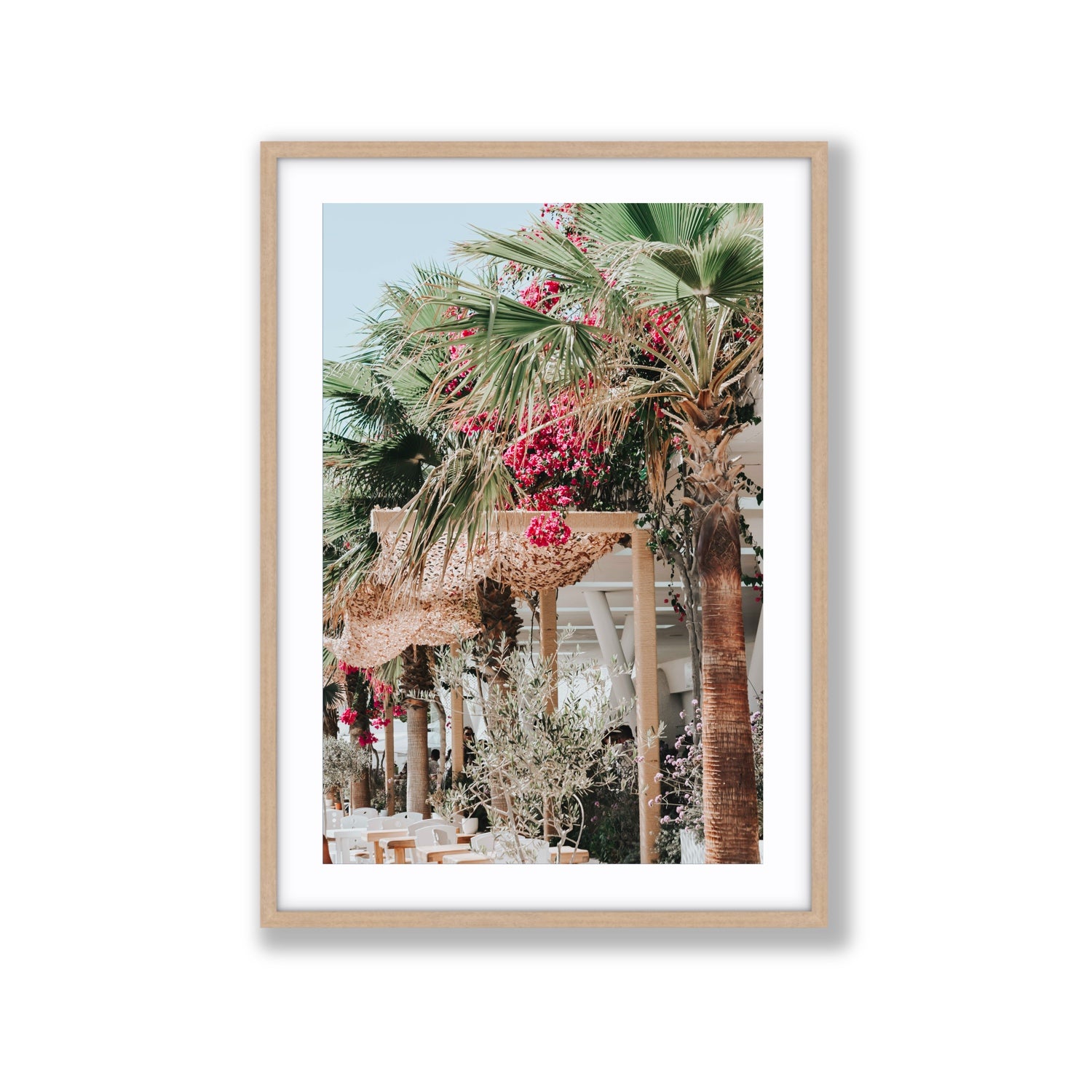 Palm Trees Mykonos Greek island wall art Extra Large fine art print in natural oak frame with matboard