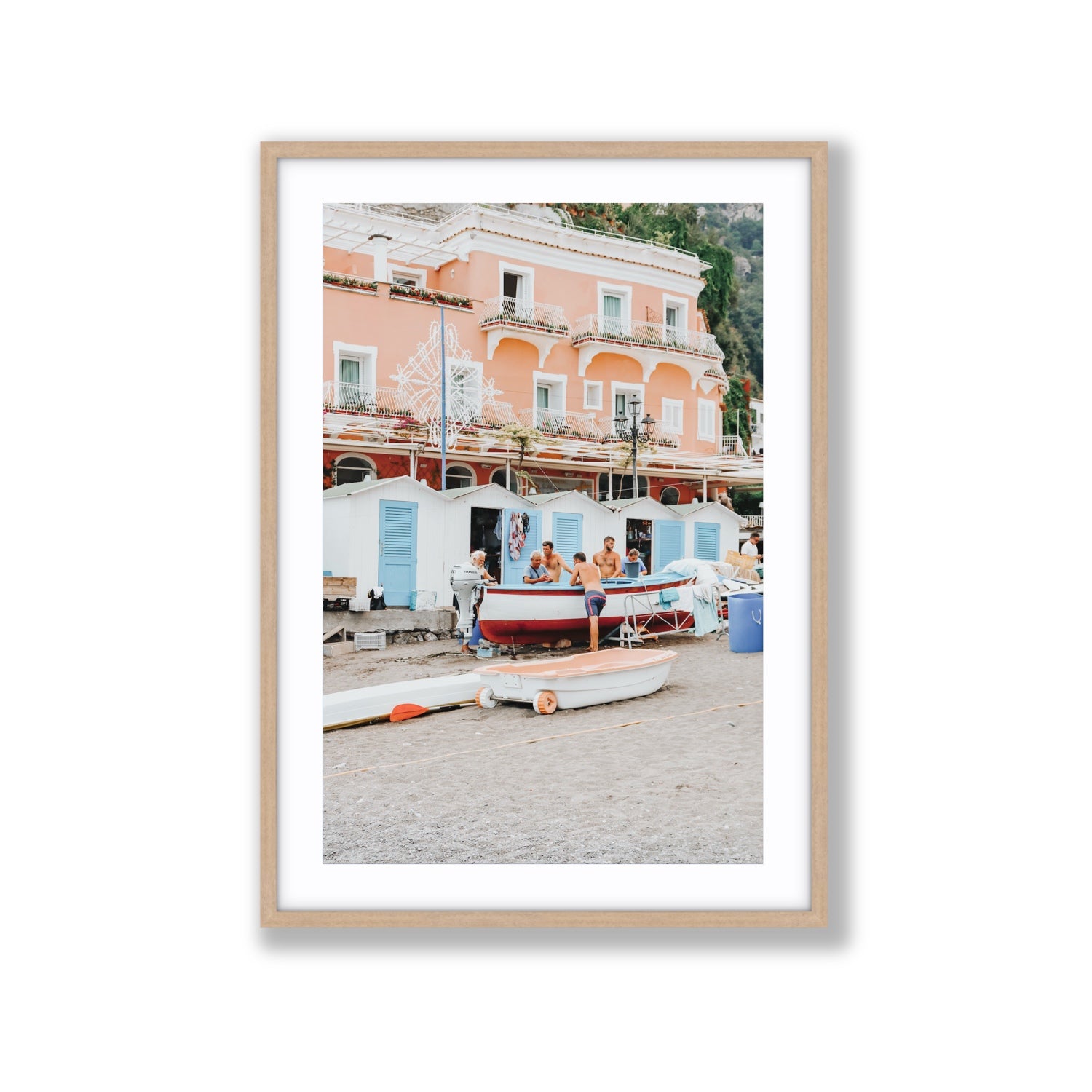 La Riunione della Mattina fine art print, Positano, Italy, Extra Large, Natural Oak Frame · Matboard, Fine Art Print