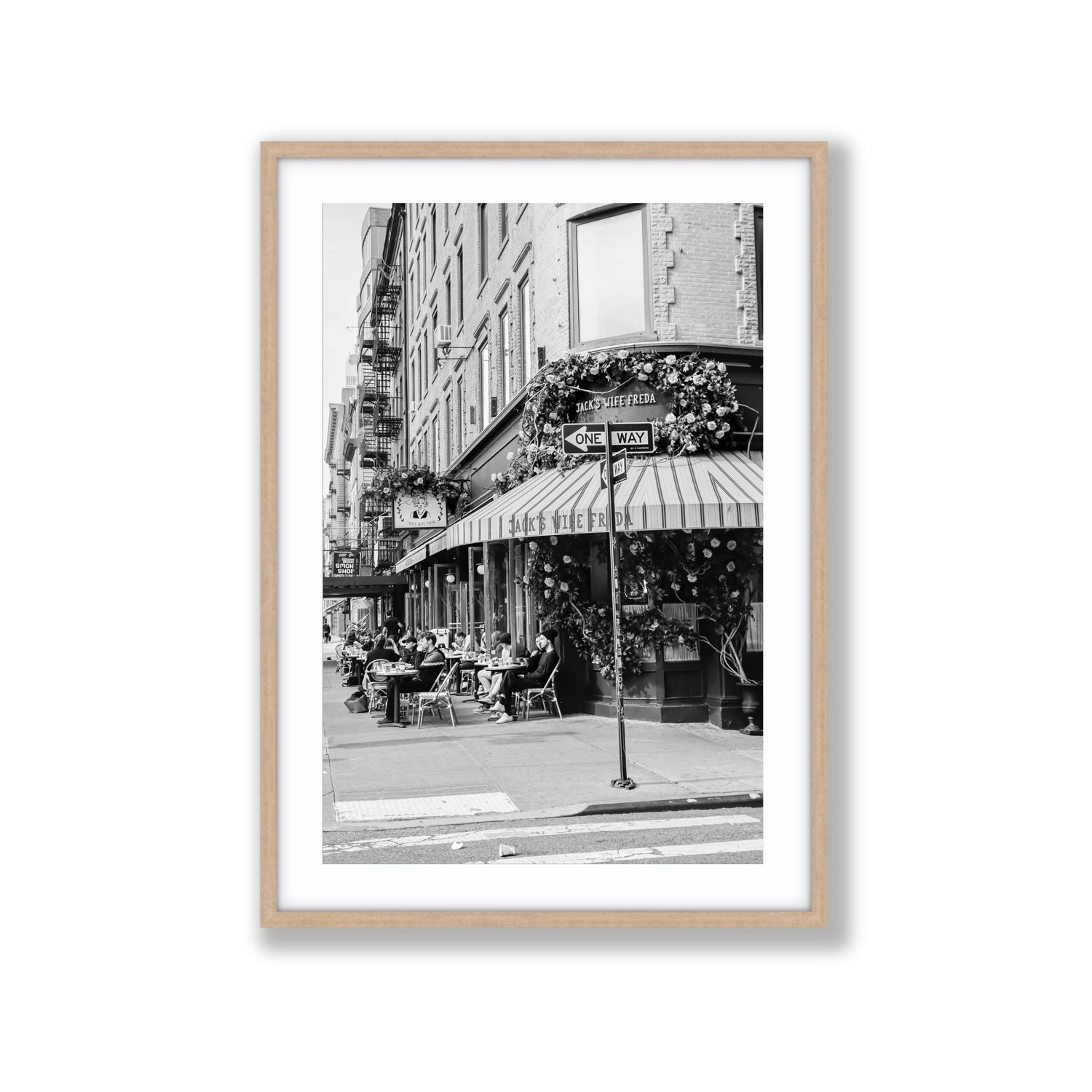 Freda's Feast New York NYC Black & White wall art Extra Large fine art print in natural oak frame with matboard